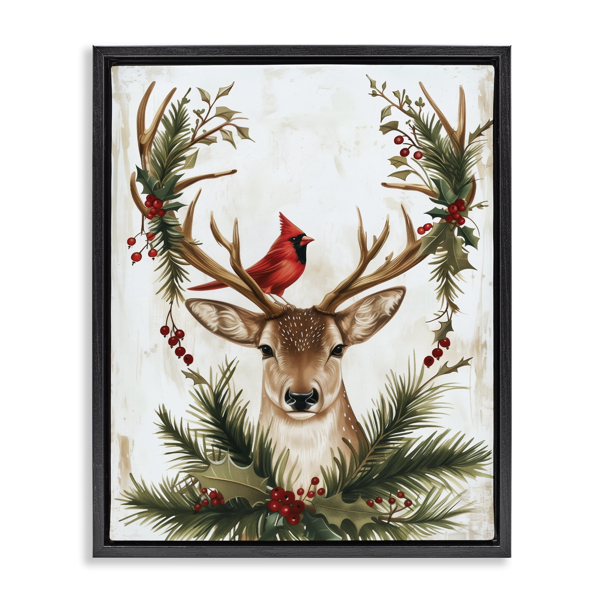 Stupell Industries Cardinal & Deer with Festive Flora Black Framed Floater Canvas Wall Art, design by Acorn & Ivory Designs