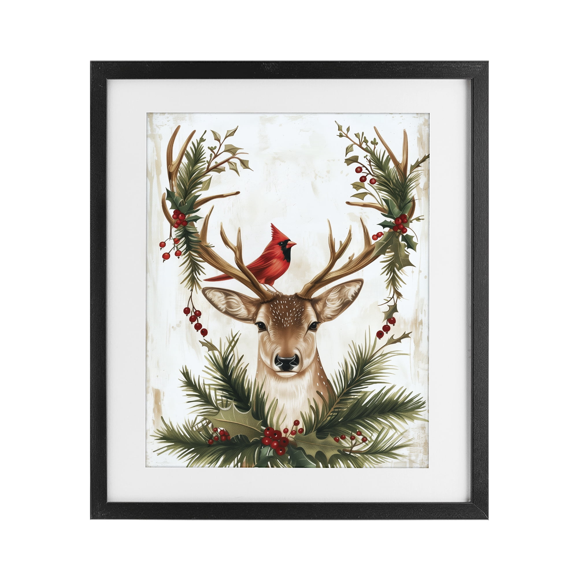 Stupell Industries Cardinal & Deer with Festive Flora Black Framed Print Under Glass, design by Acorn & Ivory Designs