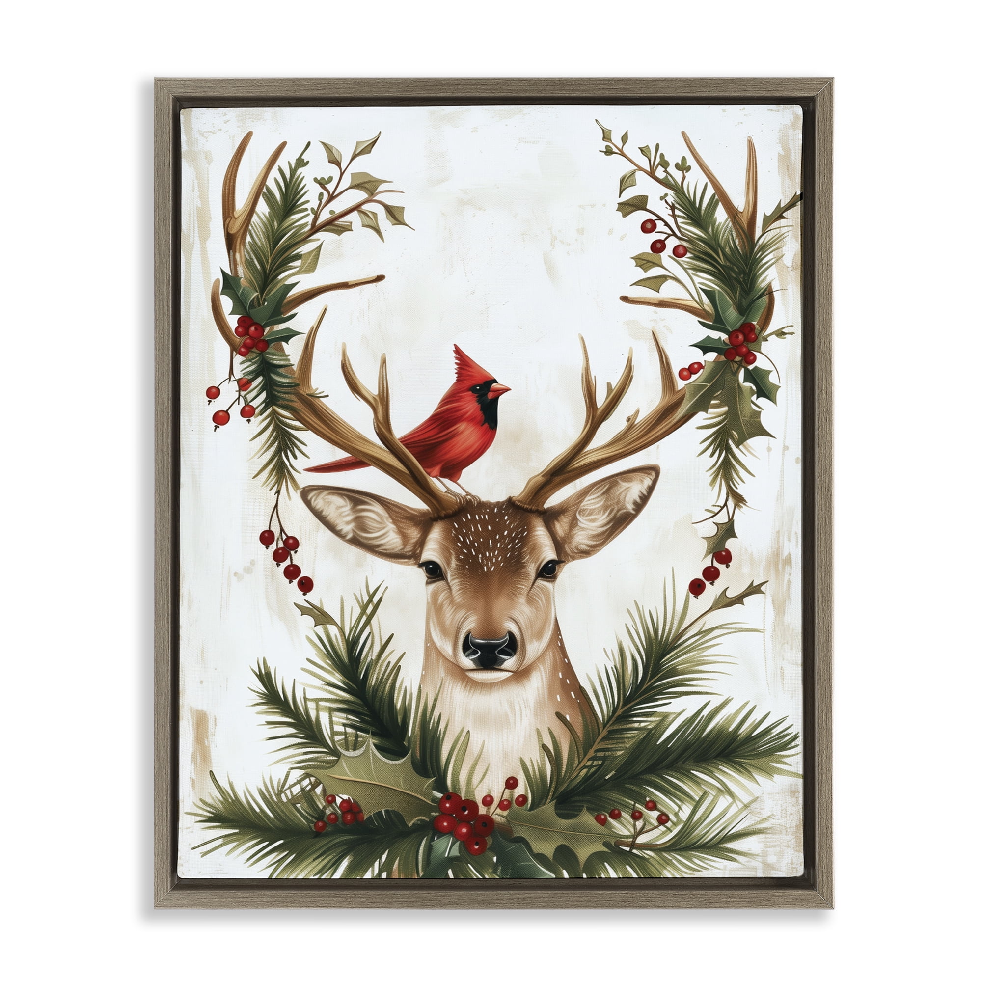 Stupell Industries Cardinal & Deer with Festive Flora Brown Framed Floater Canvas Wall Art, design by Acorn & Ivory Designs