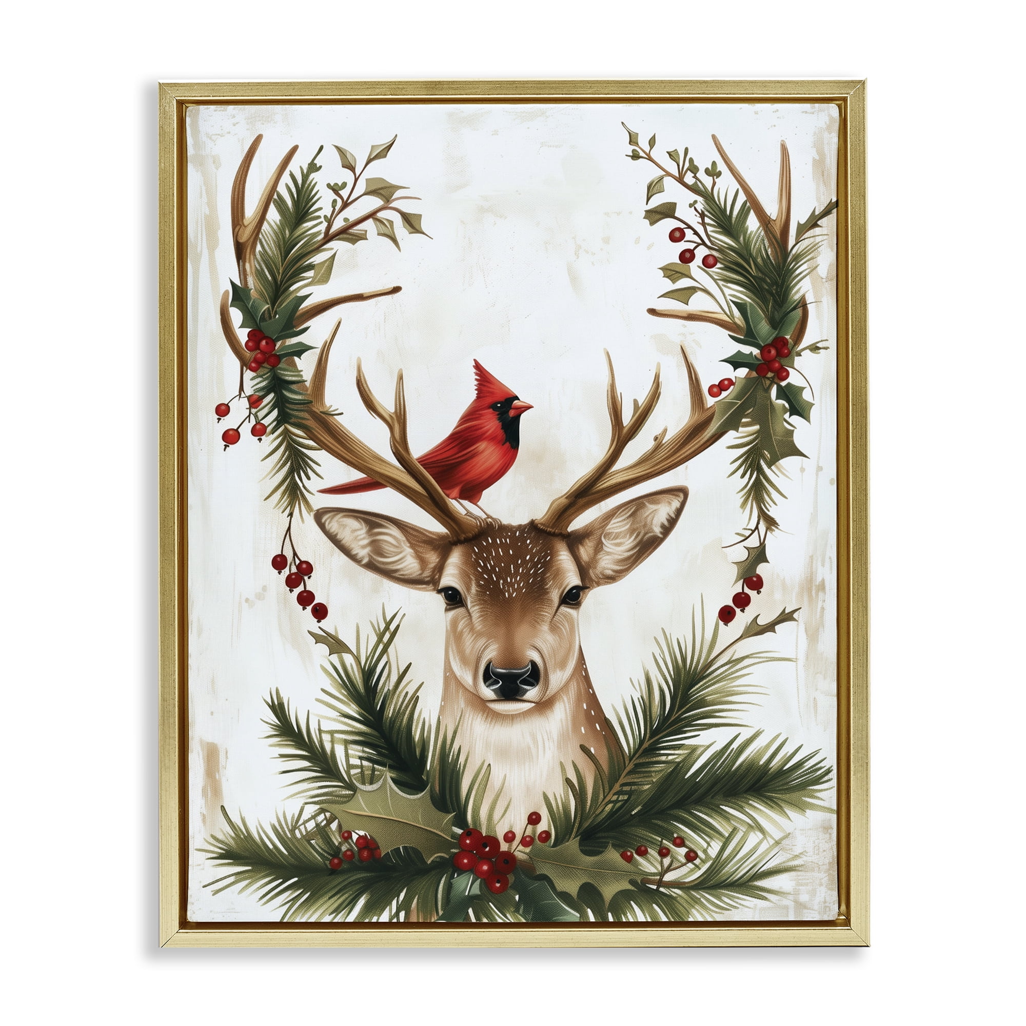 Stupell Industries Cardinal & Deer with Festive Flora Gold Framed Floater Canvas Wall Art, design by Acorn & Ivory Designs