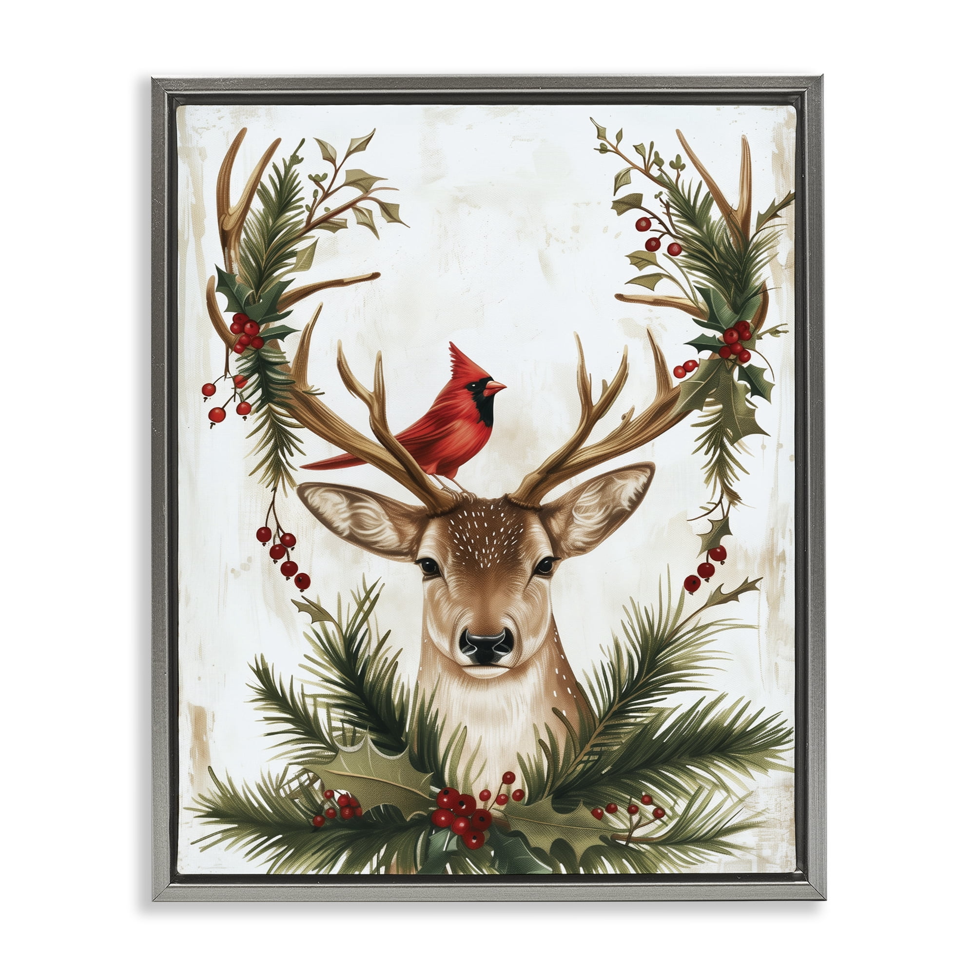 Stupell Industries Cardinal & Deer with Festive Flora Gray Framed Floater Canvas Wall Art, design by Acorn & Ivory Designs