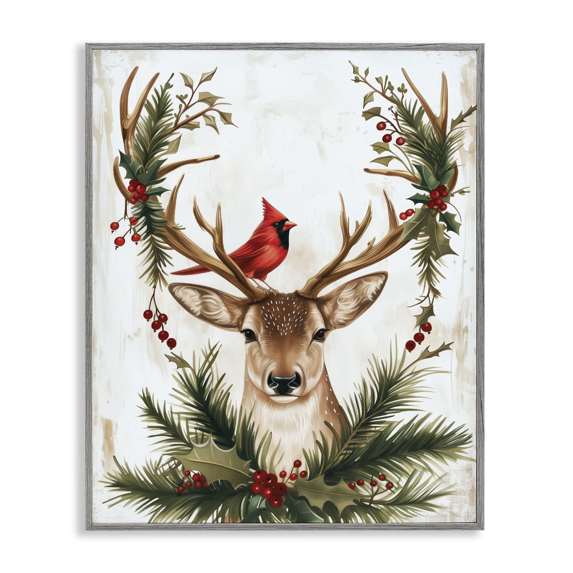 Stupell Industries Cardinal & Deer with Festive Flora Gray Framed Giclee Art, design by Acorn & Ivory Designs