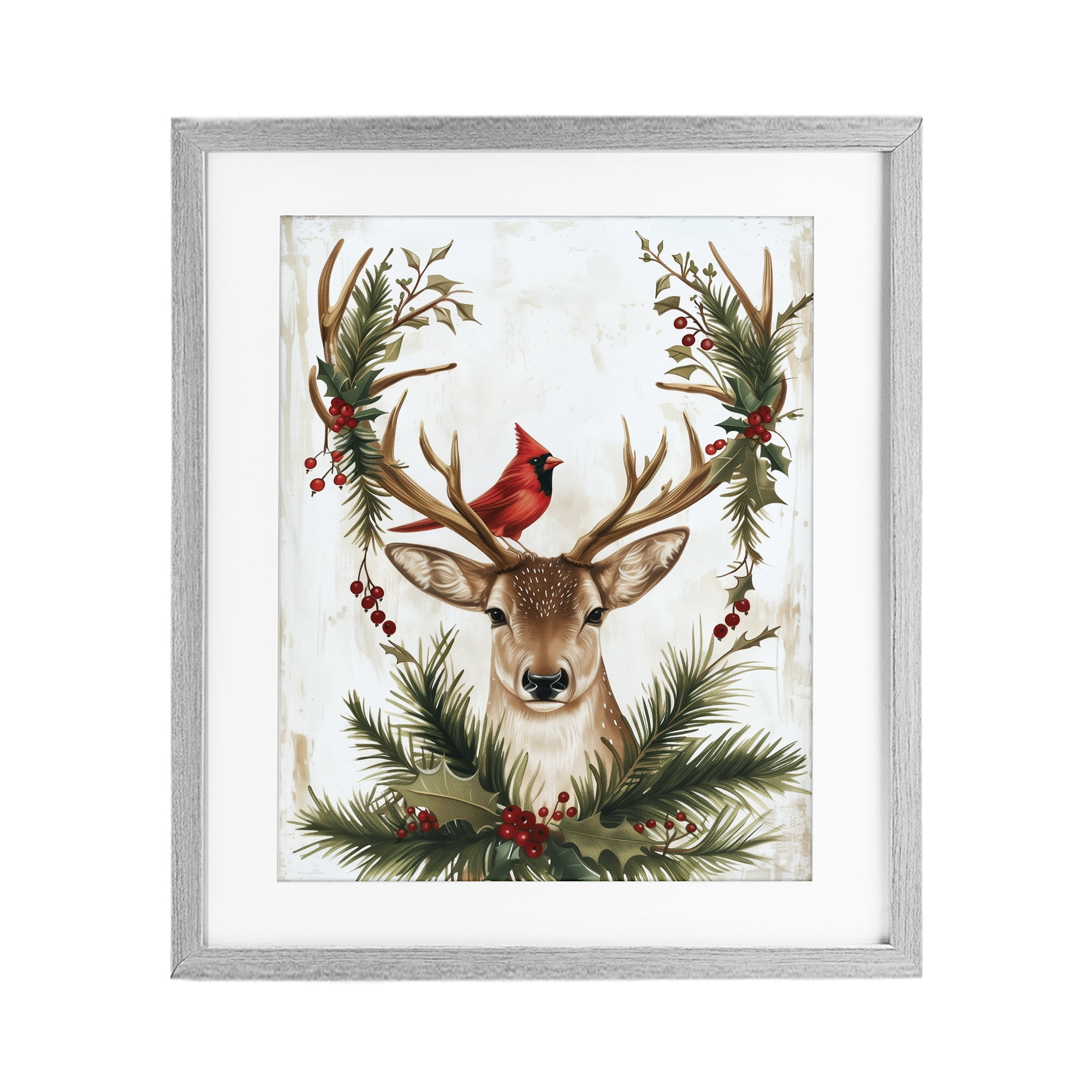 Stupell Industries Cardinal & Deer with Festive Flora Gray Framed Print Under Glass, design by Acorn & Ivory Designs