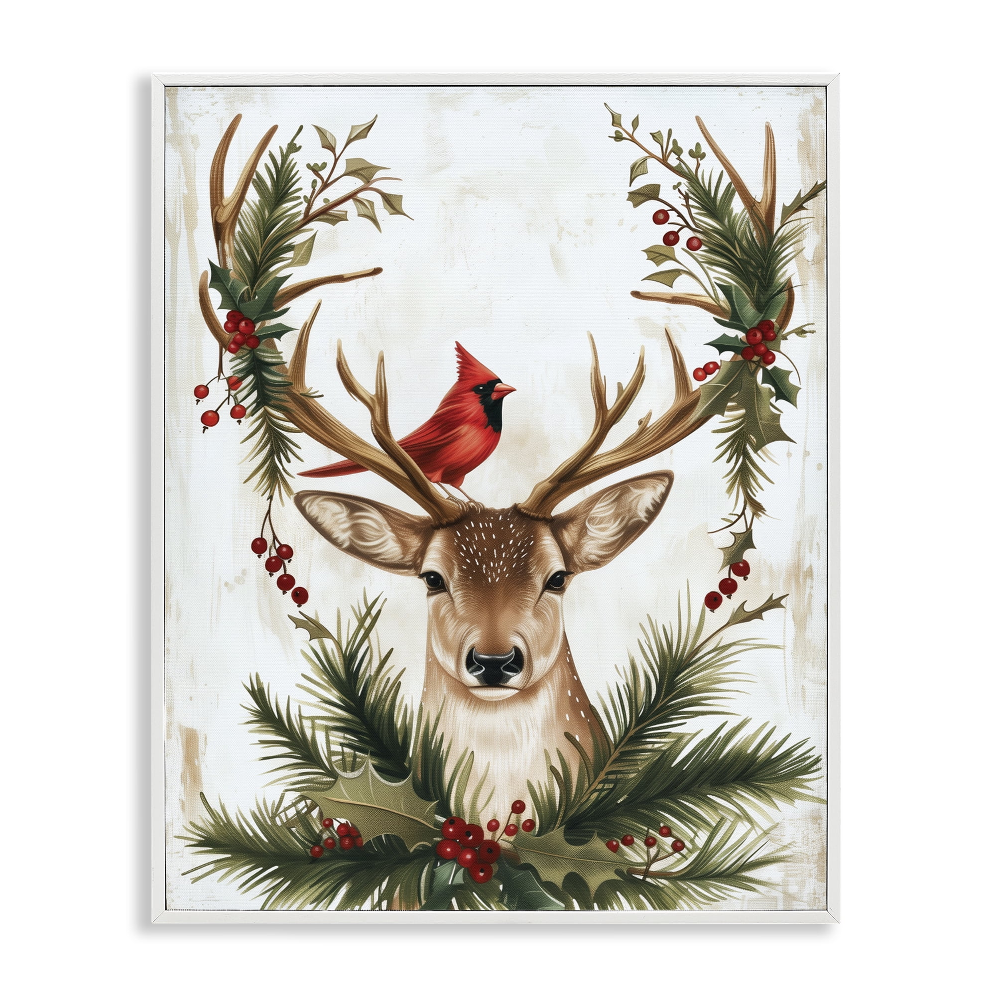 Stupell Industries Cardinal & Deer with Festive Flora White Framed Giclee Art, design by Acorn & Ivory Designs