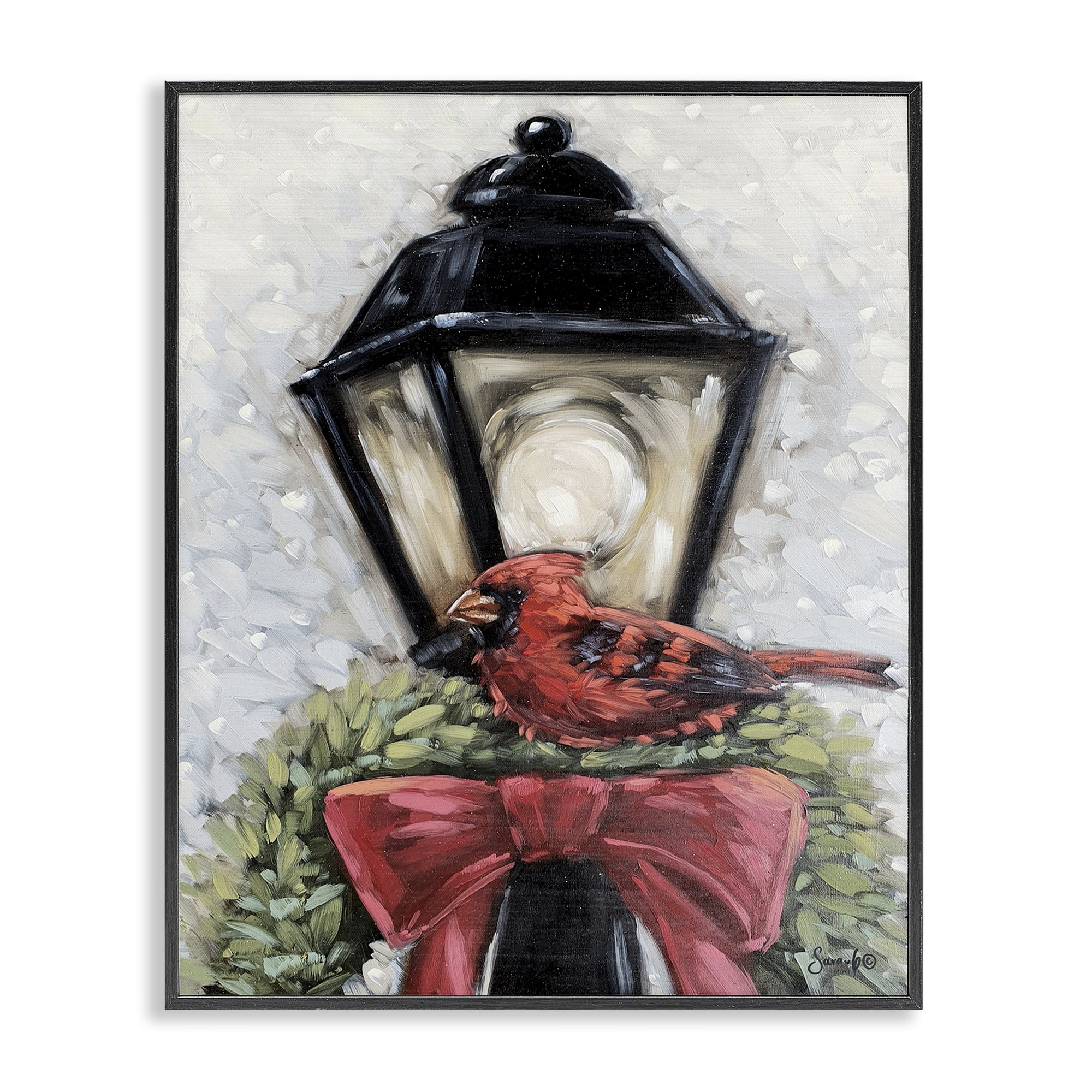 Stupell Industries Cardinal & Holiday Lamp Holiday Painting Black Framed Art Print Wall Art, 16 x 20