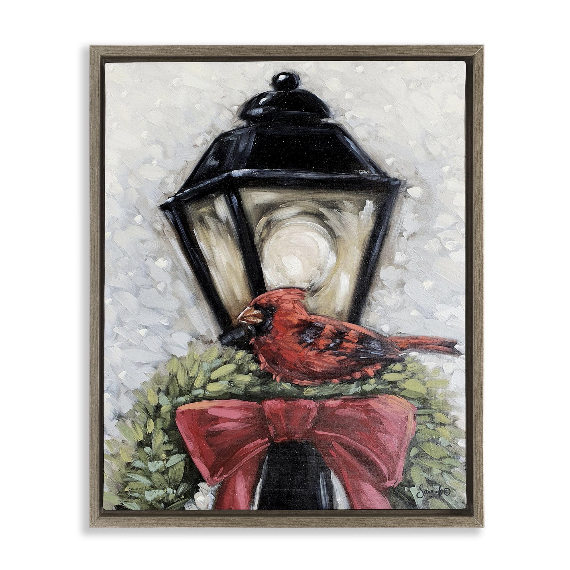 Stupell Industries Cardinal & Holiday Lamp Holiday Painting Brown Floater Framed Art Print Wall Art, 25 x 31