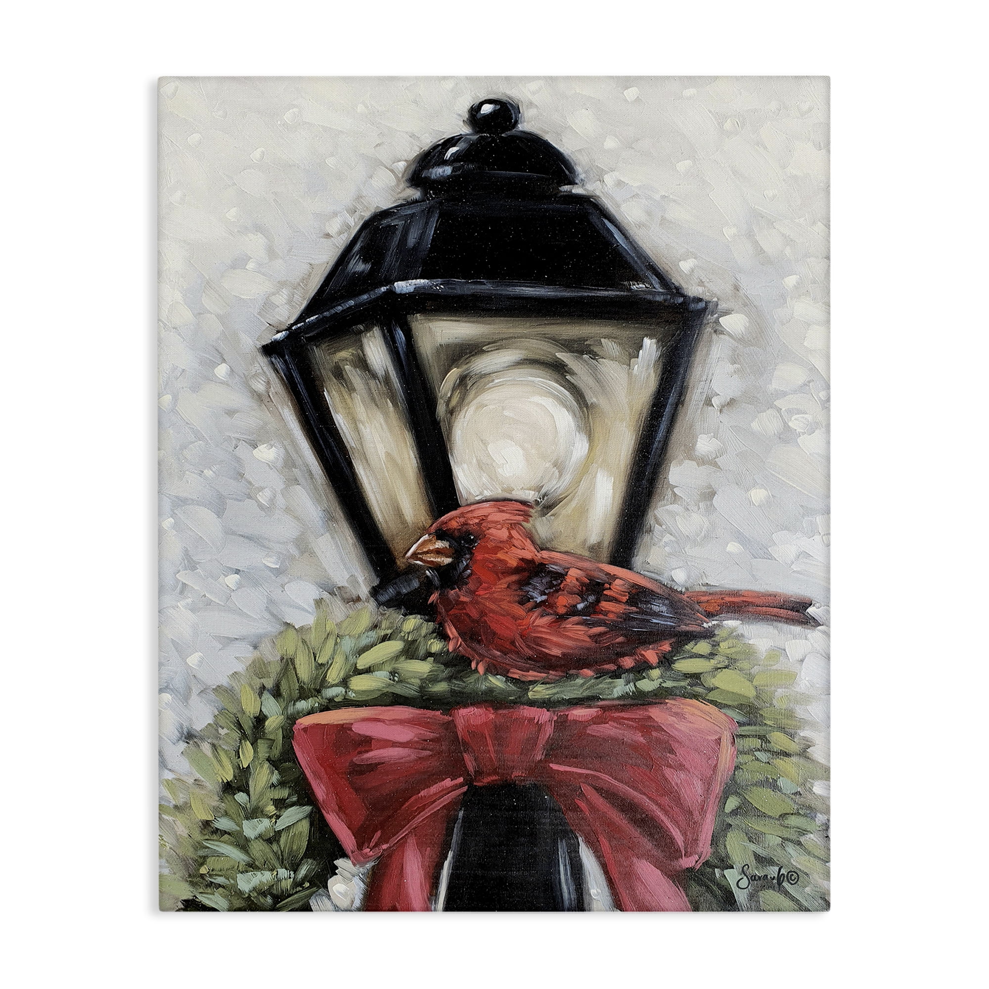 Stupell Industries Cardinal & Holiday Lamp Holiday Painting Gallery Wrapped Canvas Art Print Wall Art, 30 x 40