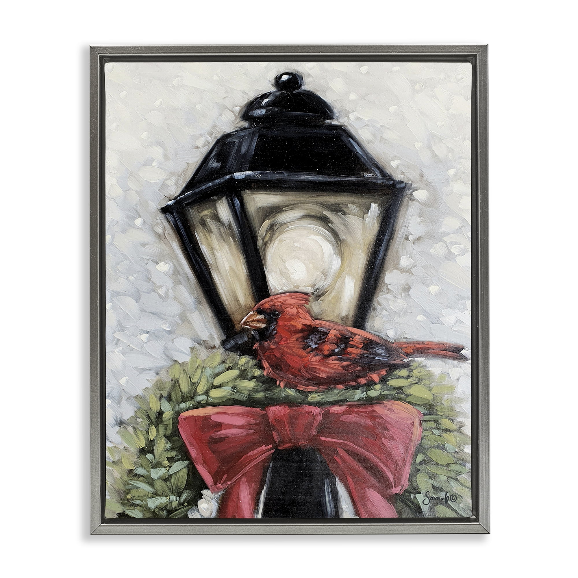Stupell Industries Cardinal & Holiday Lamp Holiday Painting Gray Floater Framed Art Print Wall Art, 17 x 21