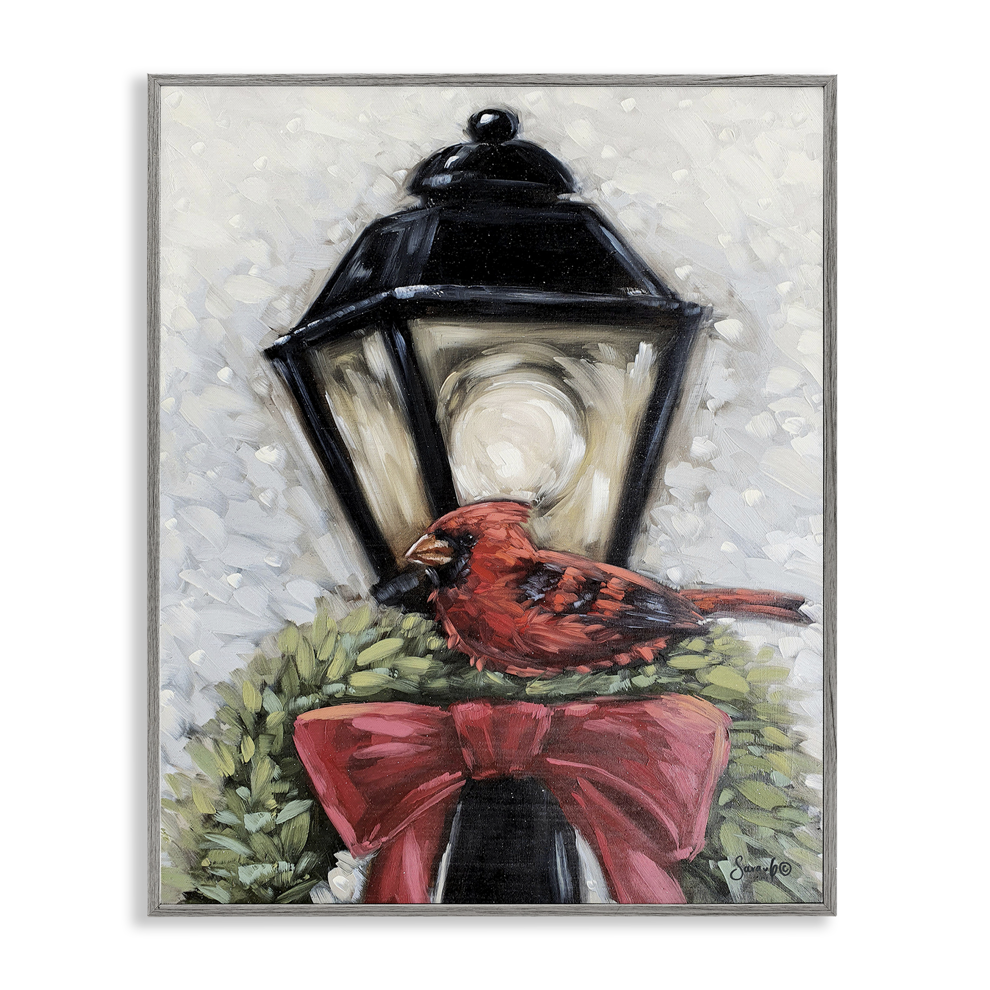 Stupell Industries Cardinal & Holiday Lamp Holiday Painting Gray Framed Art Print Wall Art, 16 x 20