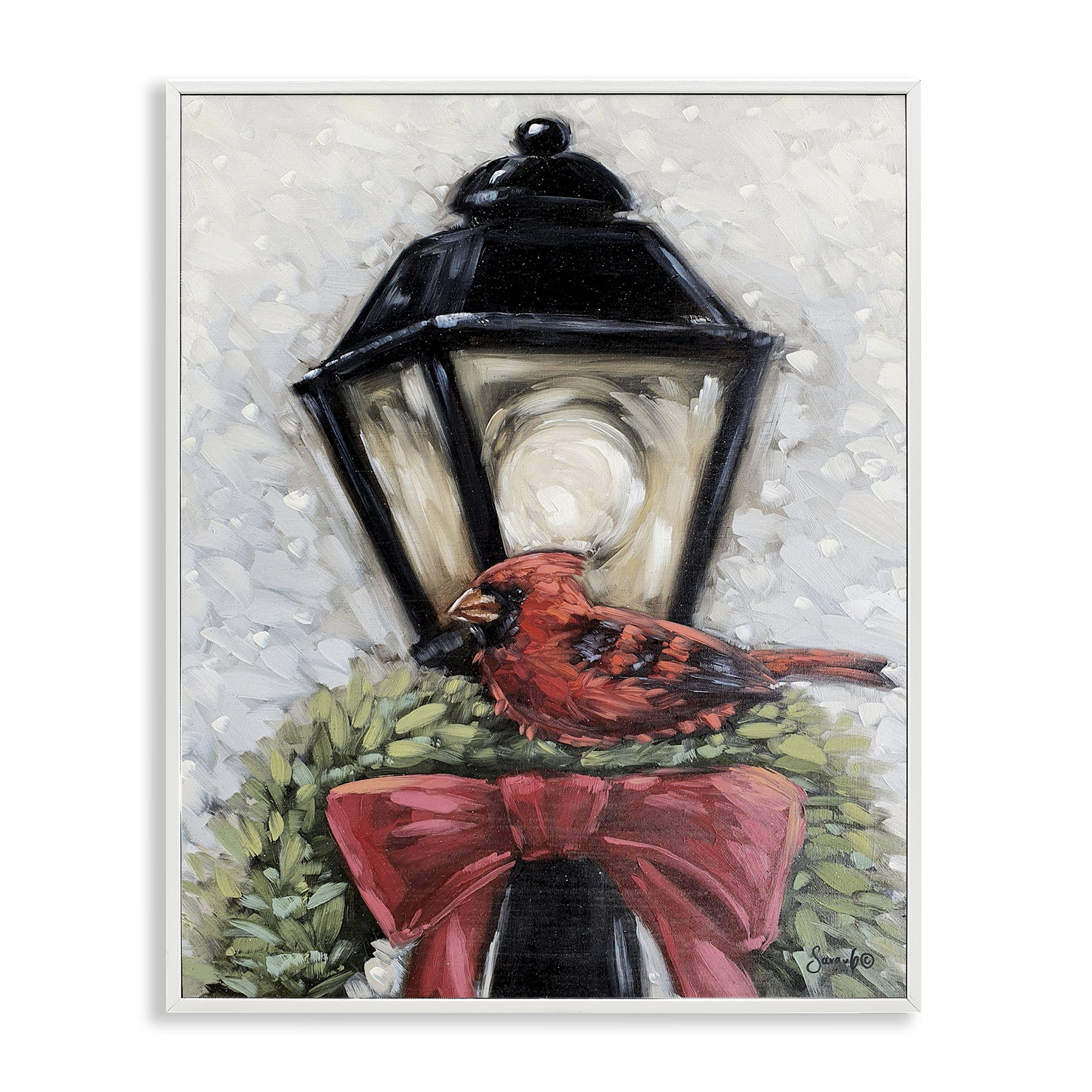 Stupell Industries Cardinal & Holiday Lamp Holiday Painting White Framed Art Print Wall Art, 16 x 20