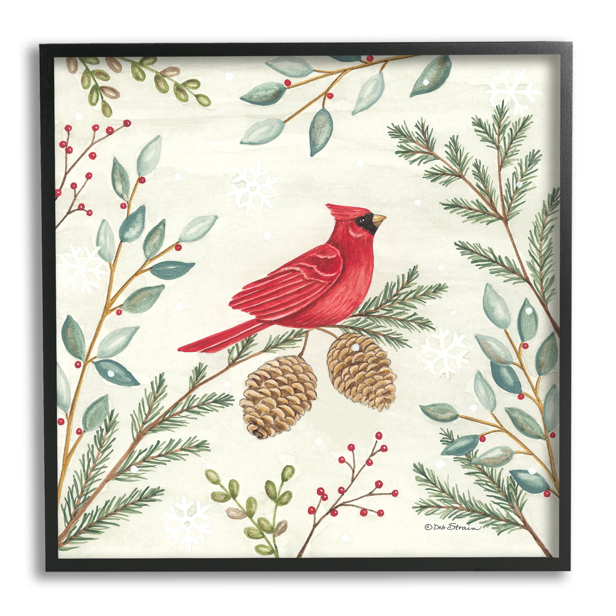 Stupell Industries Cardinal & Pinecones in Winter Holiday Painting Black Framed Art Print Wall Art, 24 x 24