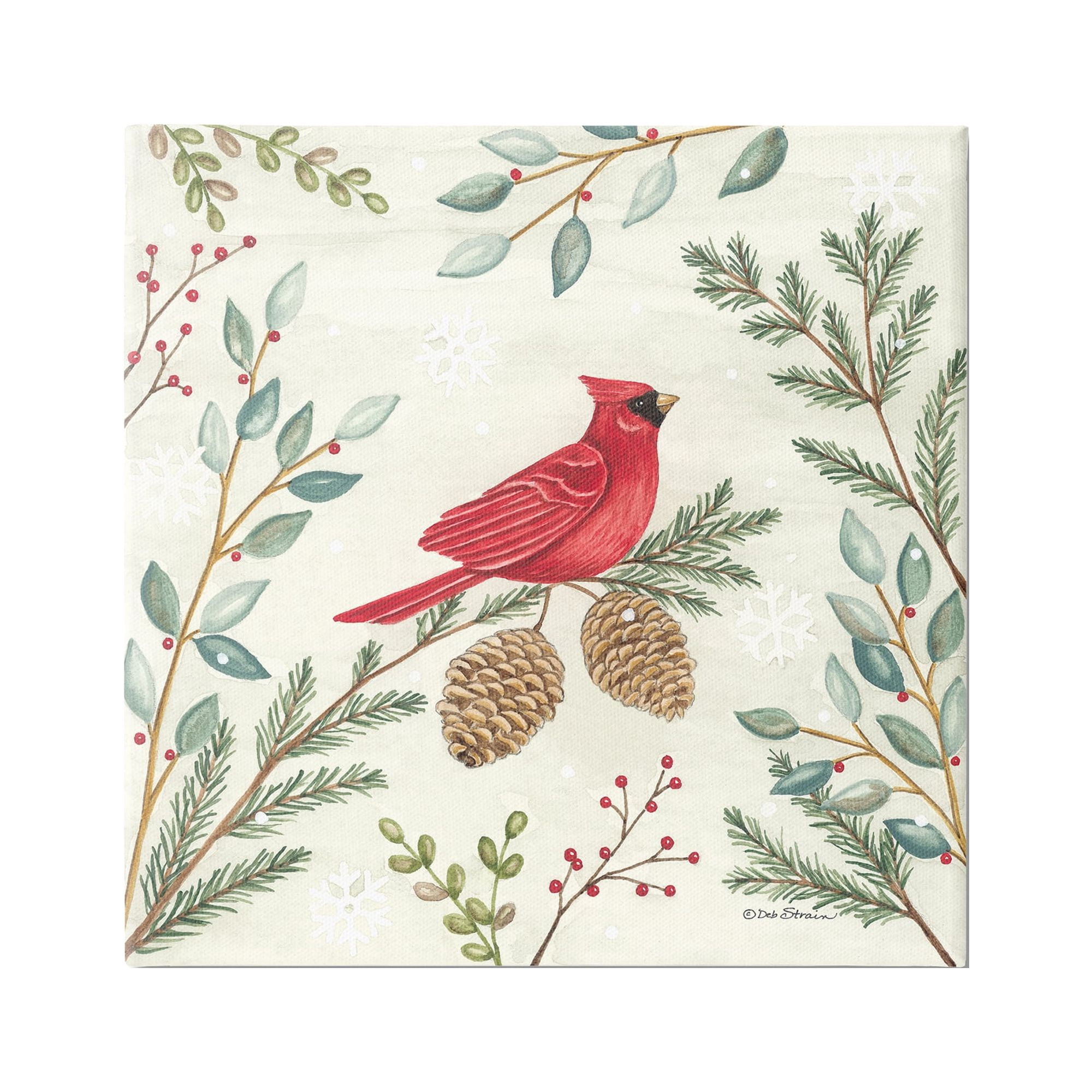 Stupell Industries Cardinal & Pinecones in Winter Holiday Painting Gallery Wrapped Canvas Print Wall Art, 17 x 17
