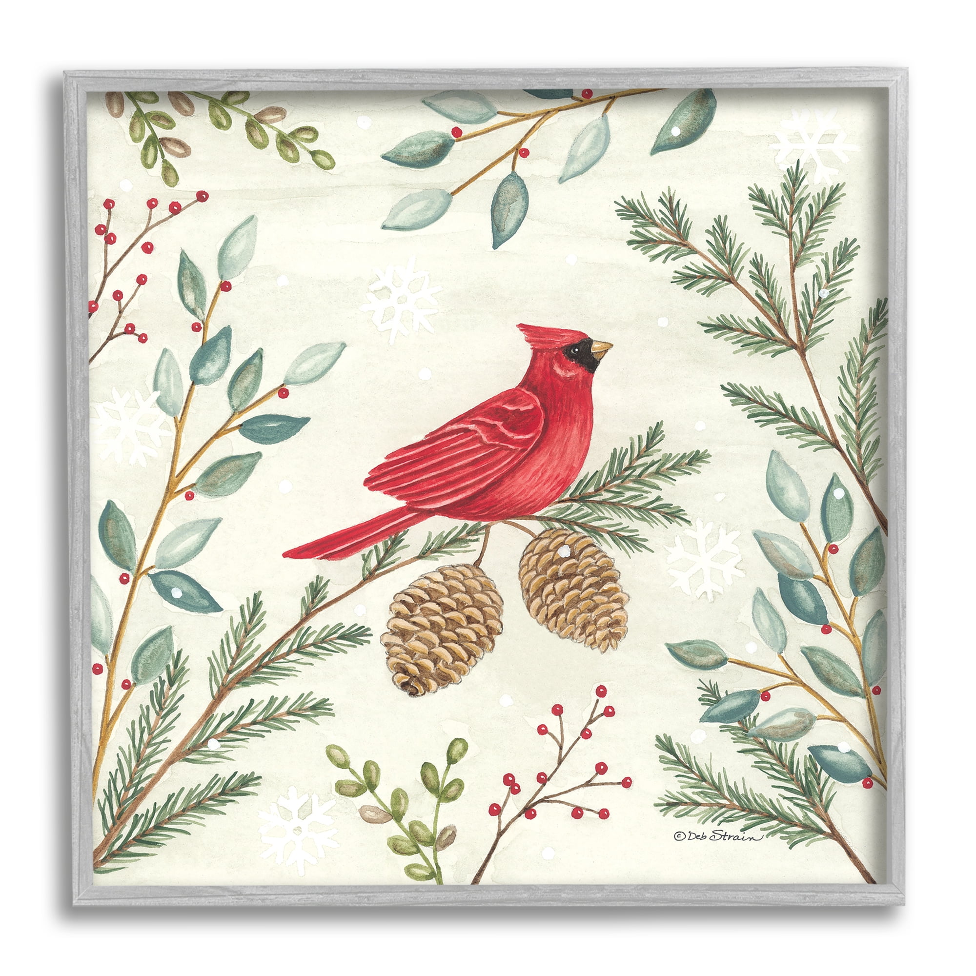 Stupell Industries Cardinal & Pinecones in Winter Holiday Painting Gray Framed Art Print Wall Art, 12 x 12