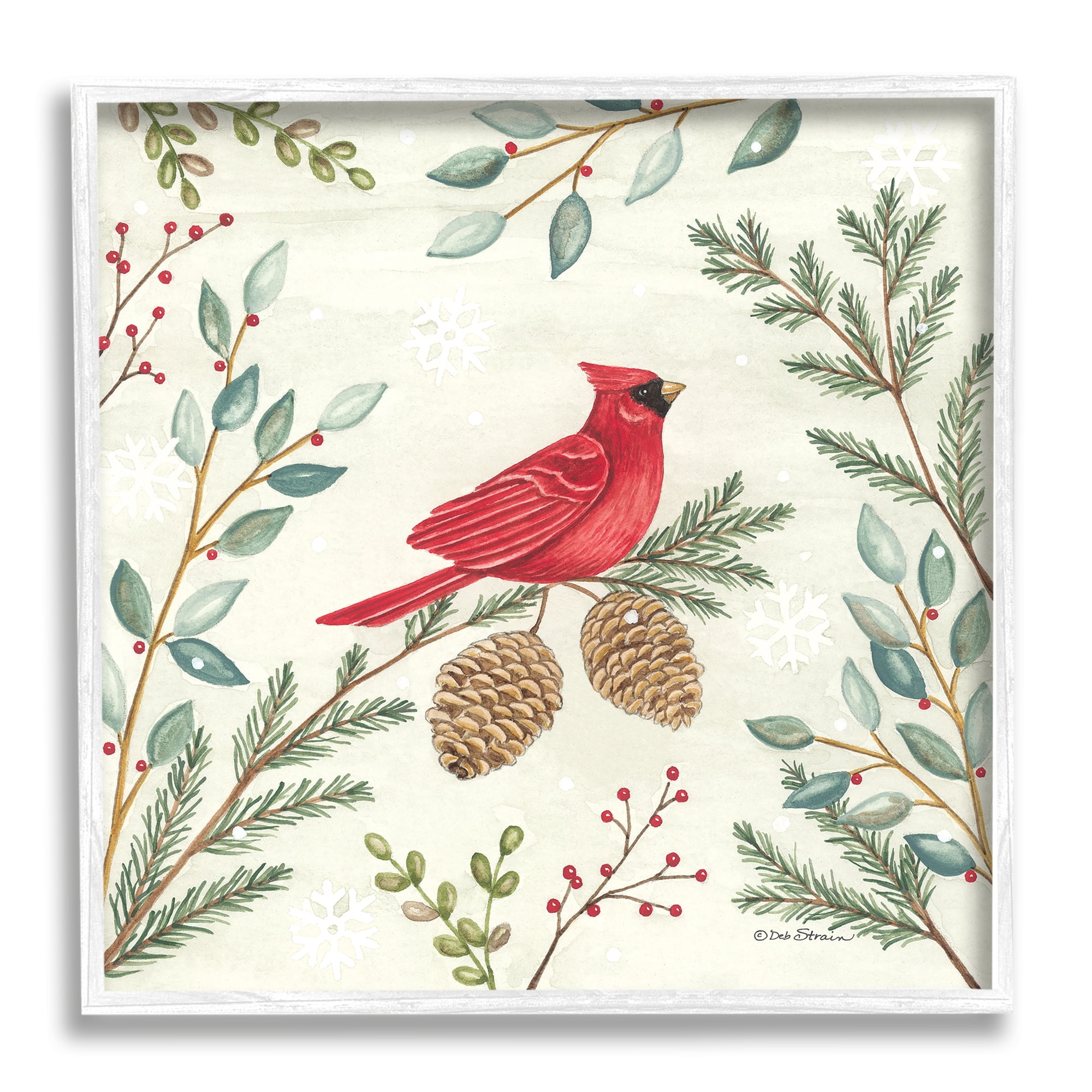 Stupell Industries Cardinal & Pinecones in Winter Holiday Painting White Framed Art Print Wall Art, 12 x 12