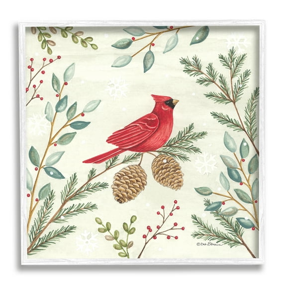Stupell Industries Cardinal & Pinecones in Winter Holiday Painting White Framed Art Print Wall Art, 12 x 12