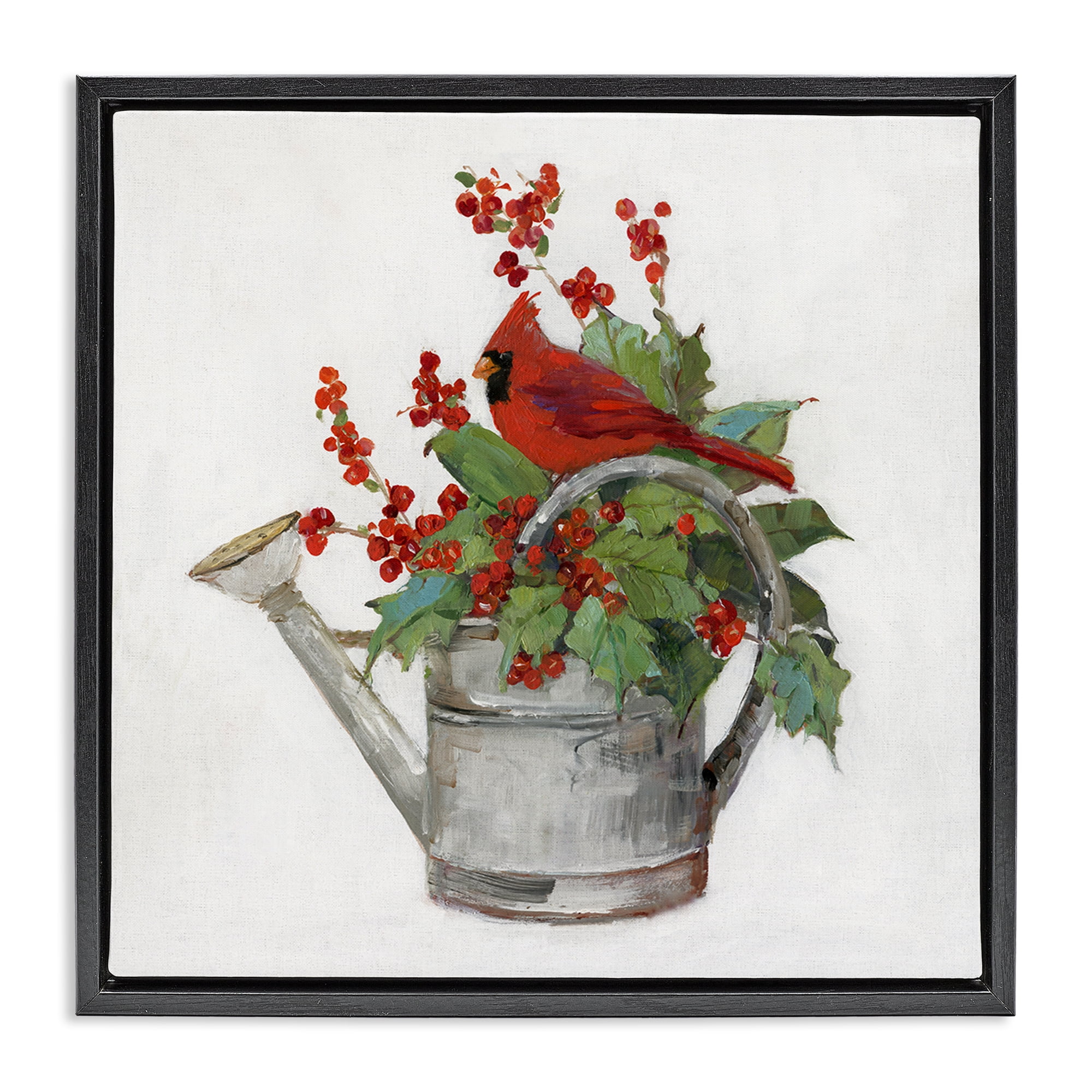 Stupell Industries Cardinal & Watering Can Holiday Painting Black Floater Framed Canvas Art Prints Wall Art, 18 x 18