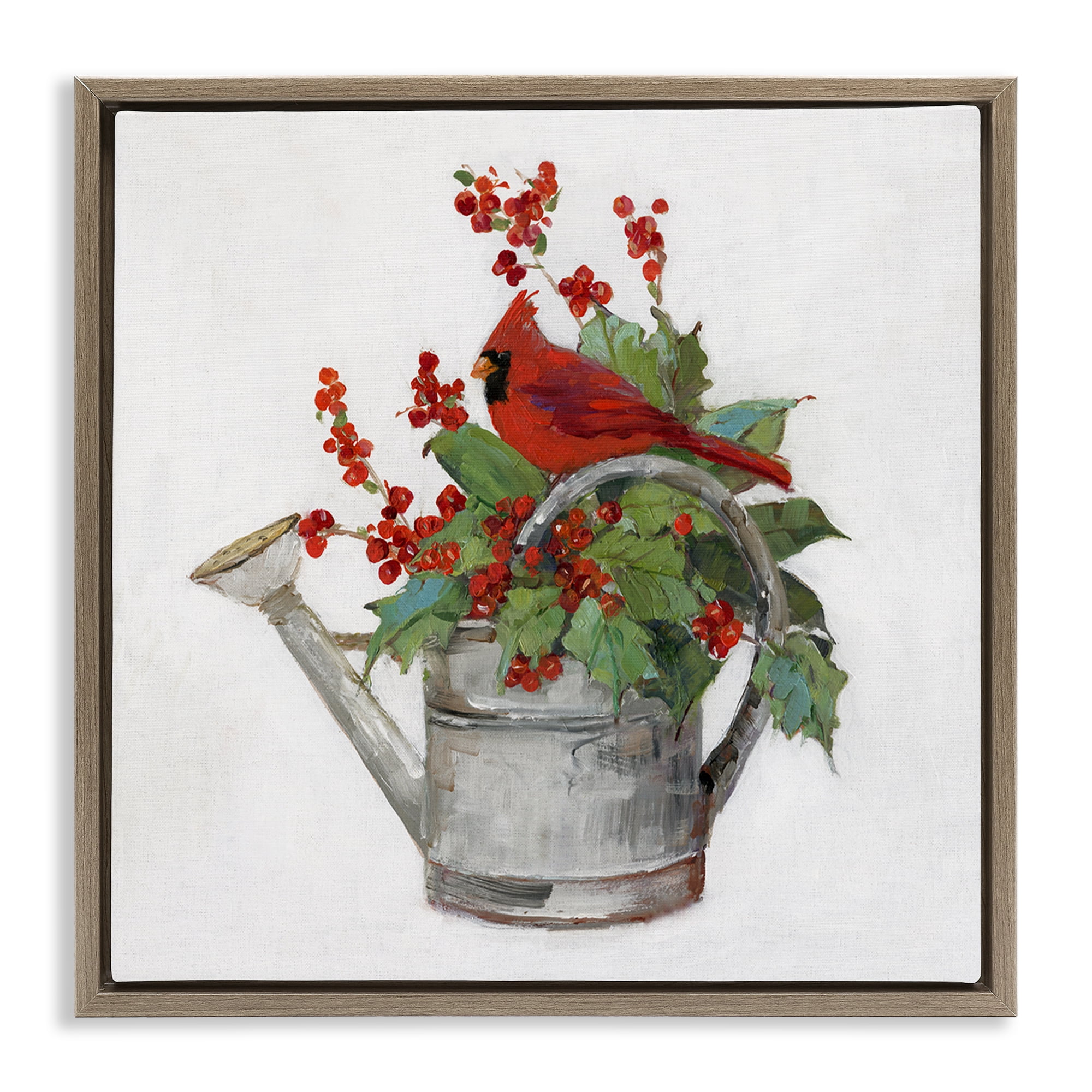 Stupell Industries Cardinal & Watering Can Holiday Painting Brown Floater Framed Canvas Art Prints Wall Art, 18 x 18