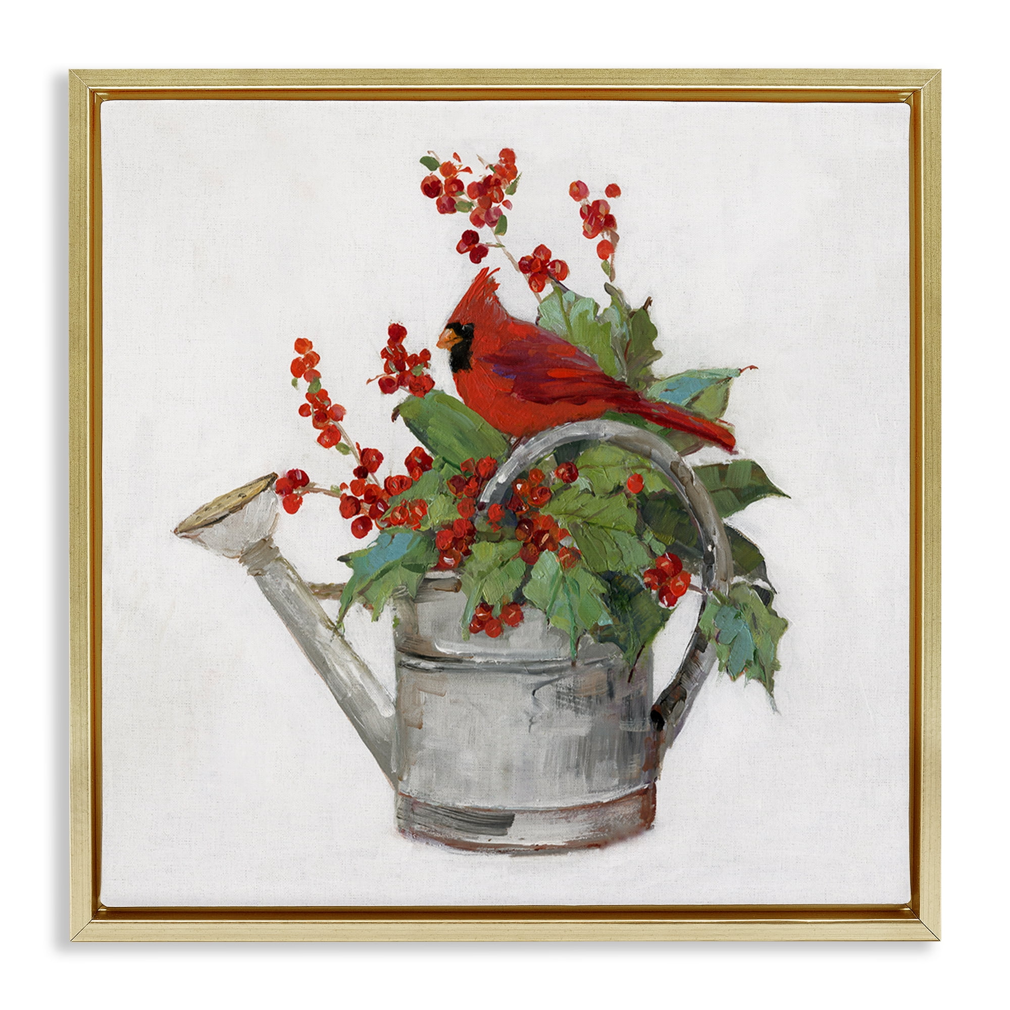 Stupell Industries Cardinal & Watering Can Holiday Painting Gold Floater Framed Canvas Art Prints Wall Art, 18 x 18