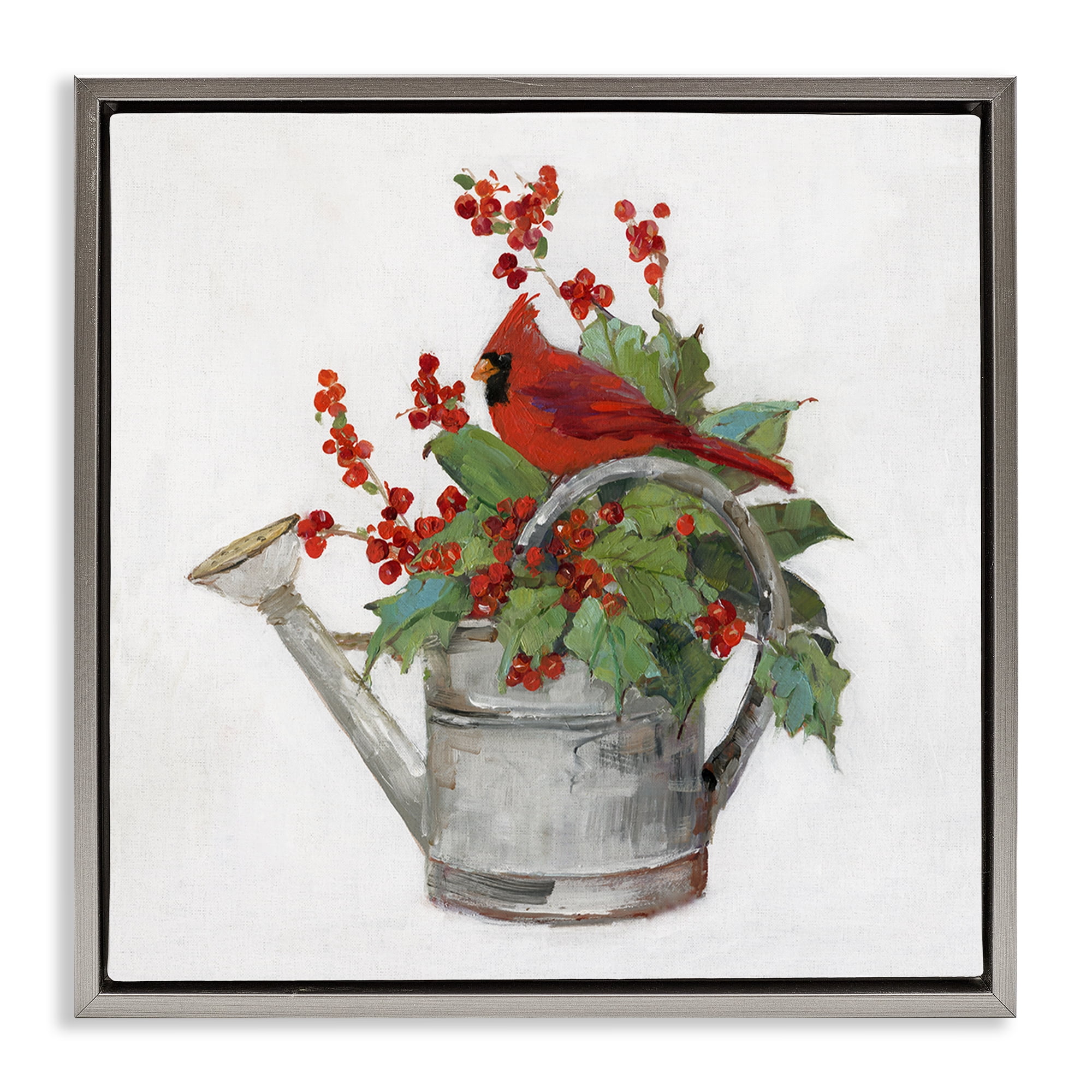 Stupell Industries Cardinal & Watering Can Holiday Painting Gray Floater Framed Canvas Art Prints Wall Art, 25 x 25