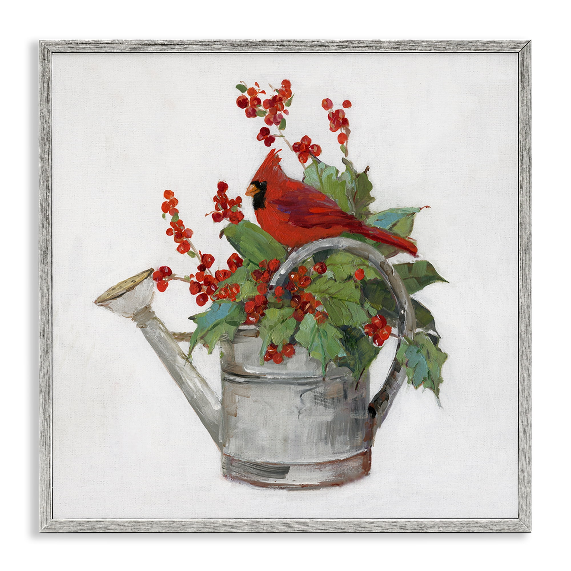 Stupell Industries Cardinal & Watering Can Holiday Painting Gray Framed Art Prints Wall Art, 17 x 17