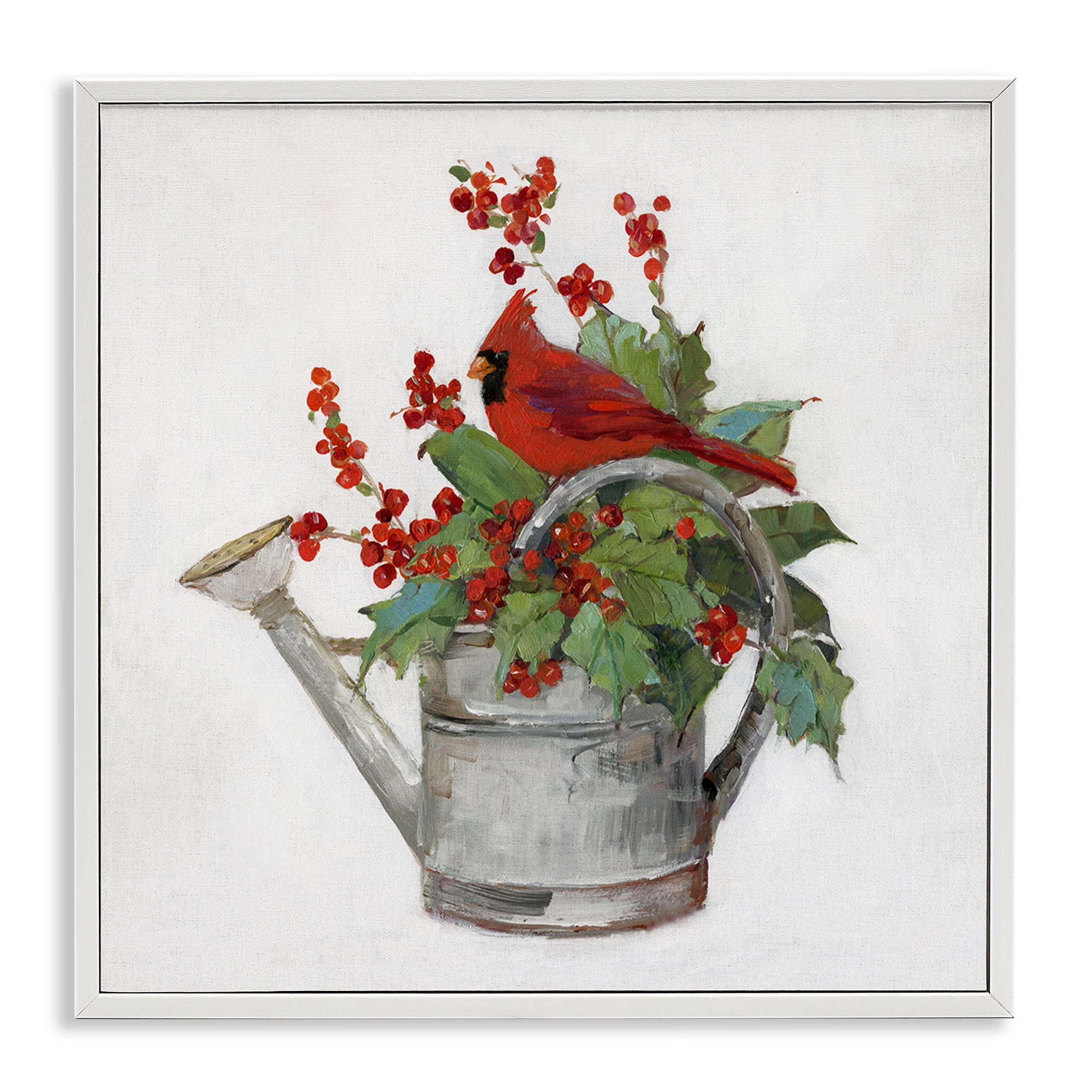 Stupell Industries Cardinal & Watering Can Holiday Painting White Framed Art Prints Wall Art, 17 x 17