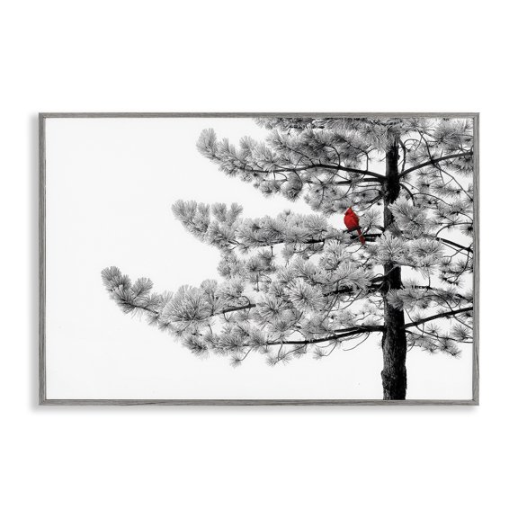 Cardinal in Stark Winter Tree Gray Framed Giclee Art, 30 x 20, Made In USA