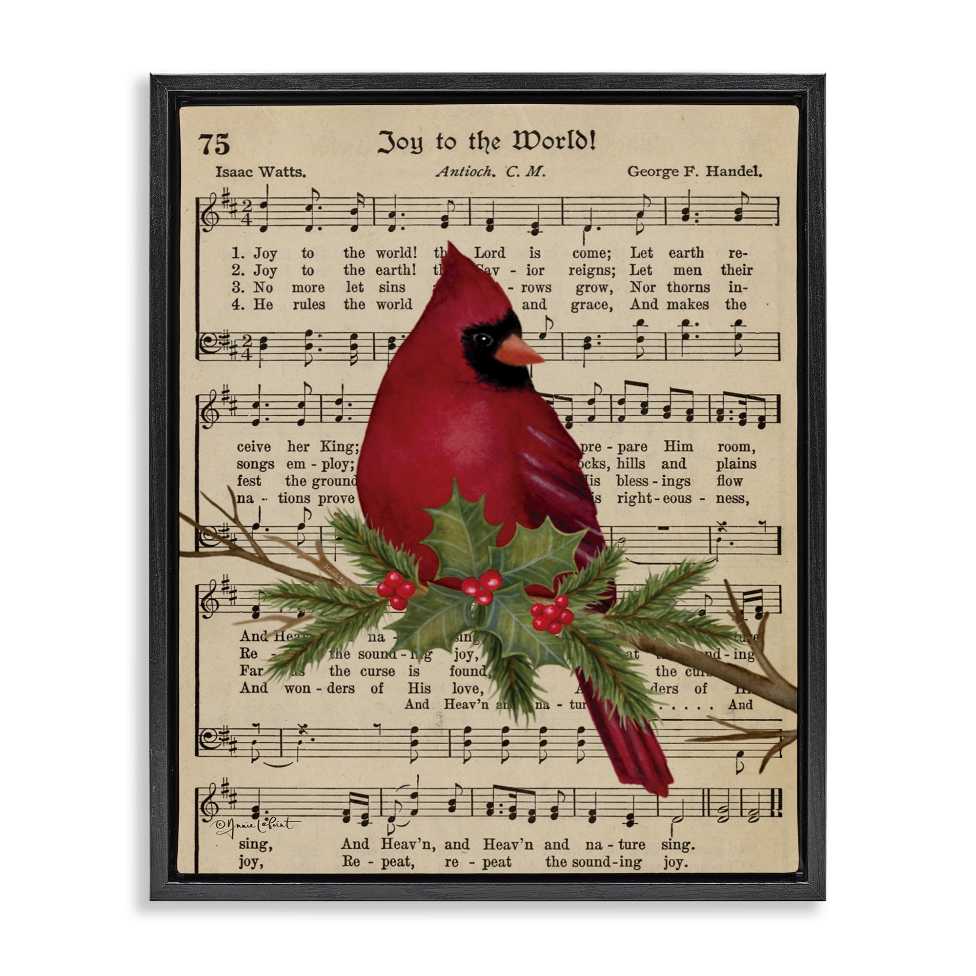 Stupell Industries Cardinal on Holiday Music Holiday Painting Black Floater Framed Canvas Art Prints Wall Art, 25 x 31