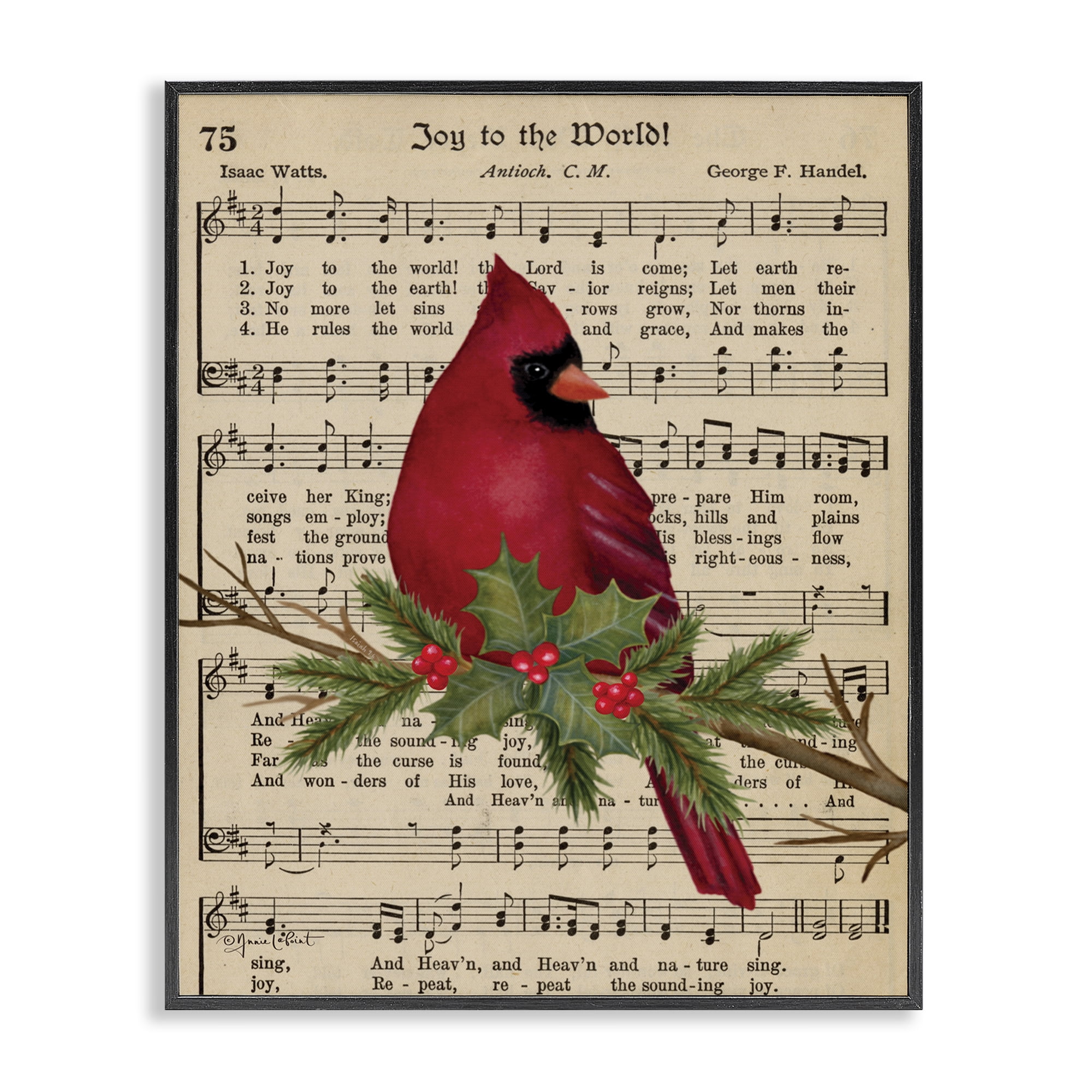 Stupell Industries Cardinal on Holiday Music Holiday Painting Black Framed Art Prints Wall Art, 16 x 20