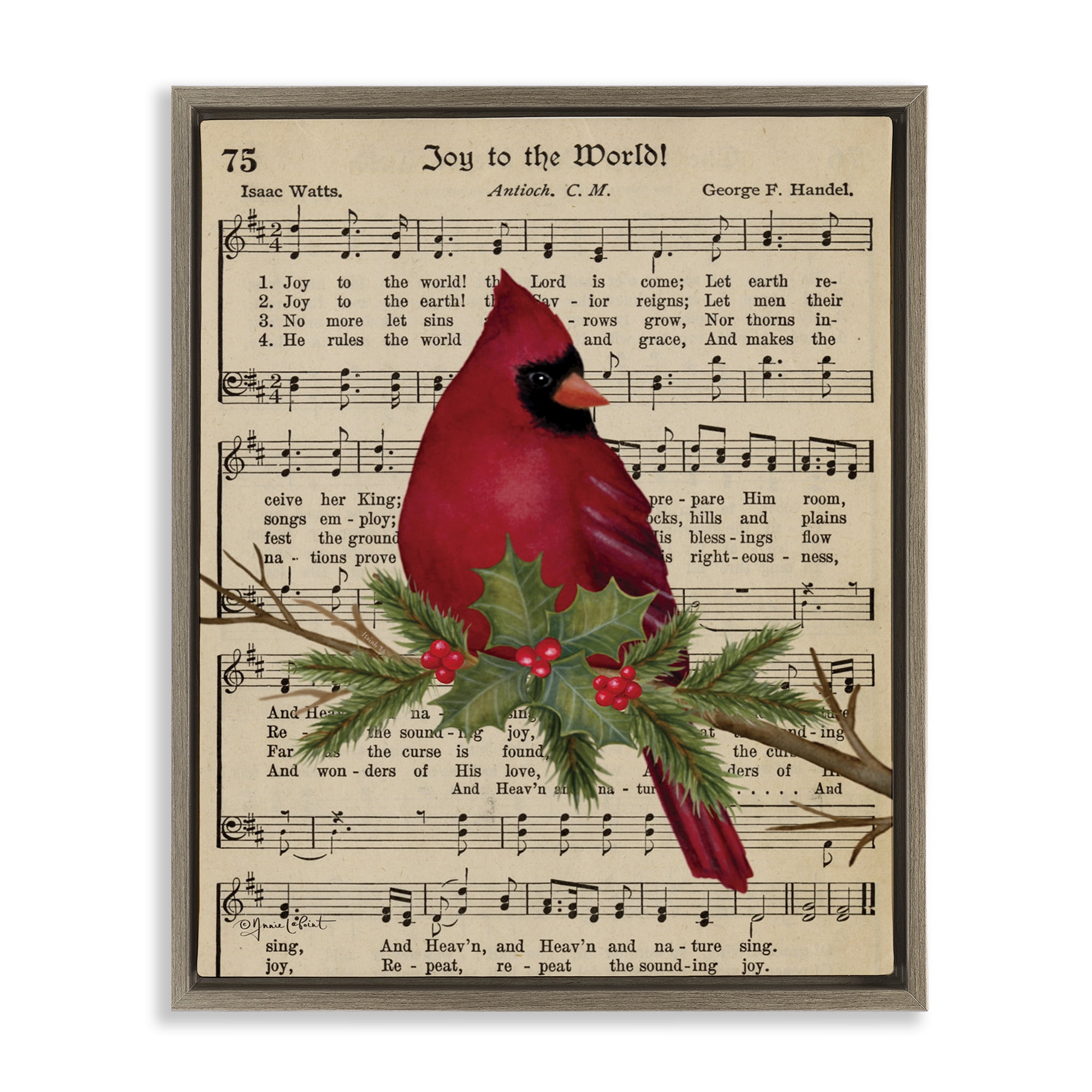 Stupell Industries Cardinal on Holiday Music Holiday Painting Brown Floater Framed Canvas Art Prints Wall Art, 25 x 31