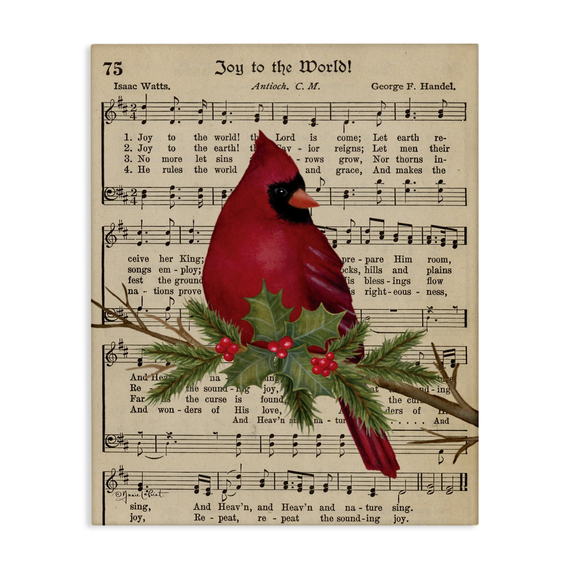 Stupell Industries Cardinal on Holiday Music Holiday Painting Gallery Wrapped Canvas Art Prints Wall Art, 36 x 48