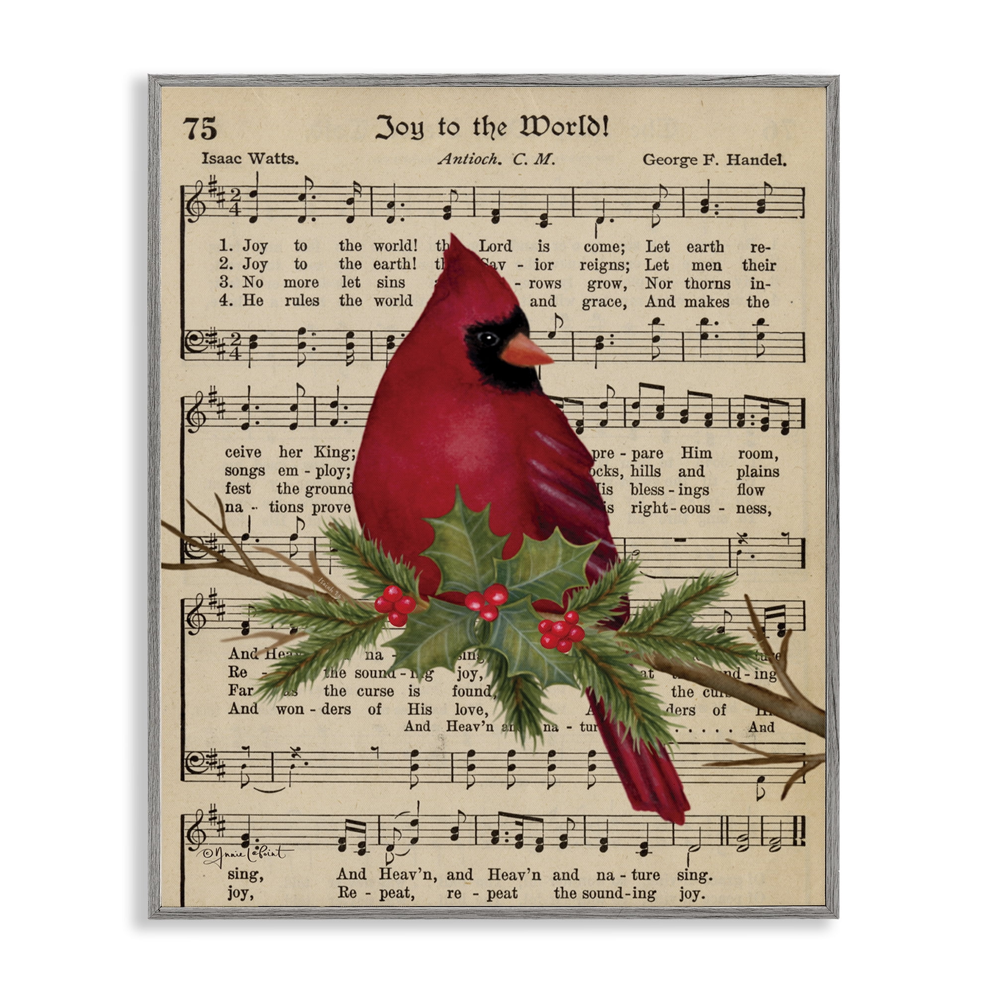 Stupell Industries Cardinal on Holiday Music Holiday Painting Gray Framed Art Prints Wall Art, 11 x 14