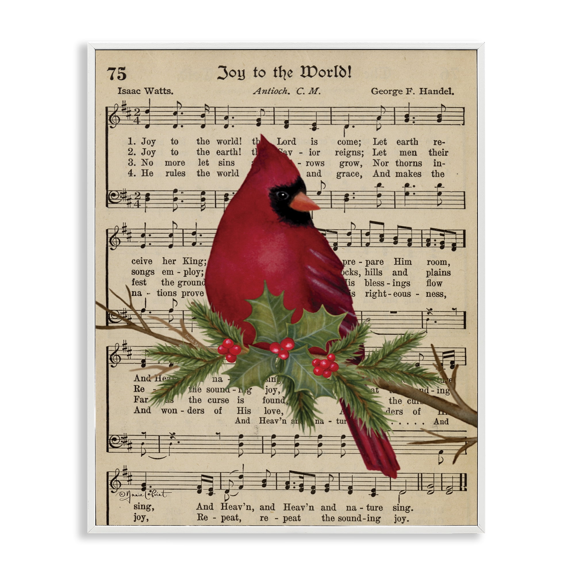 Stupell Industries Cardinal on Holiday Music Holiday Painting White Framed Art Prints Wall Art, 16 x 20