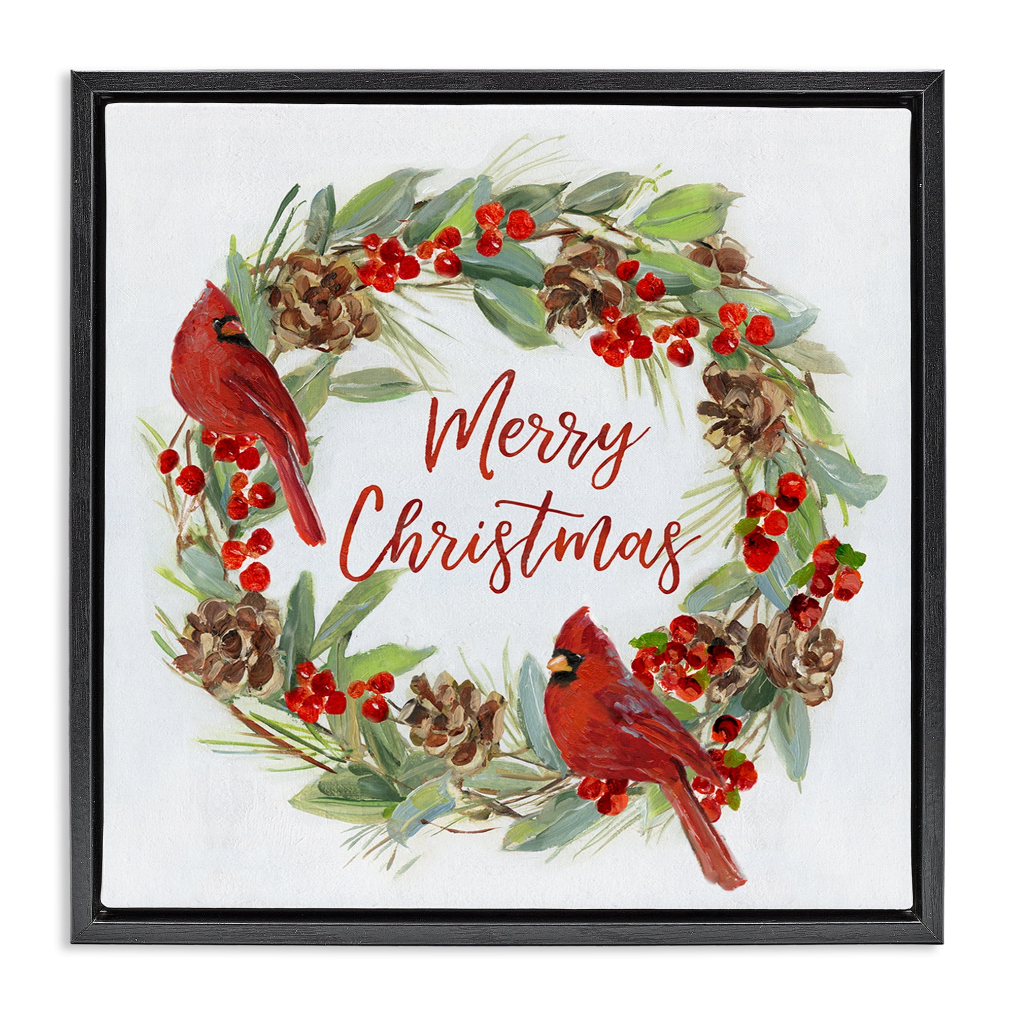 Stupell Industries Cardinals & Merry Christmas Holiday Painting Black Floater Framed Canvas Art Prints Wall Art, 18 x 18