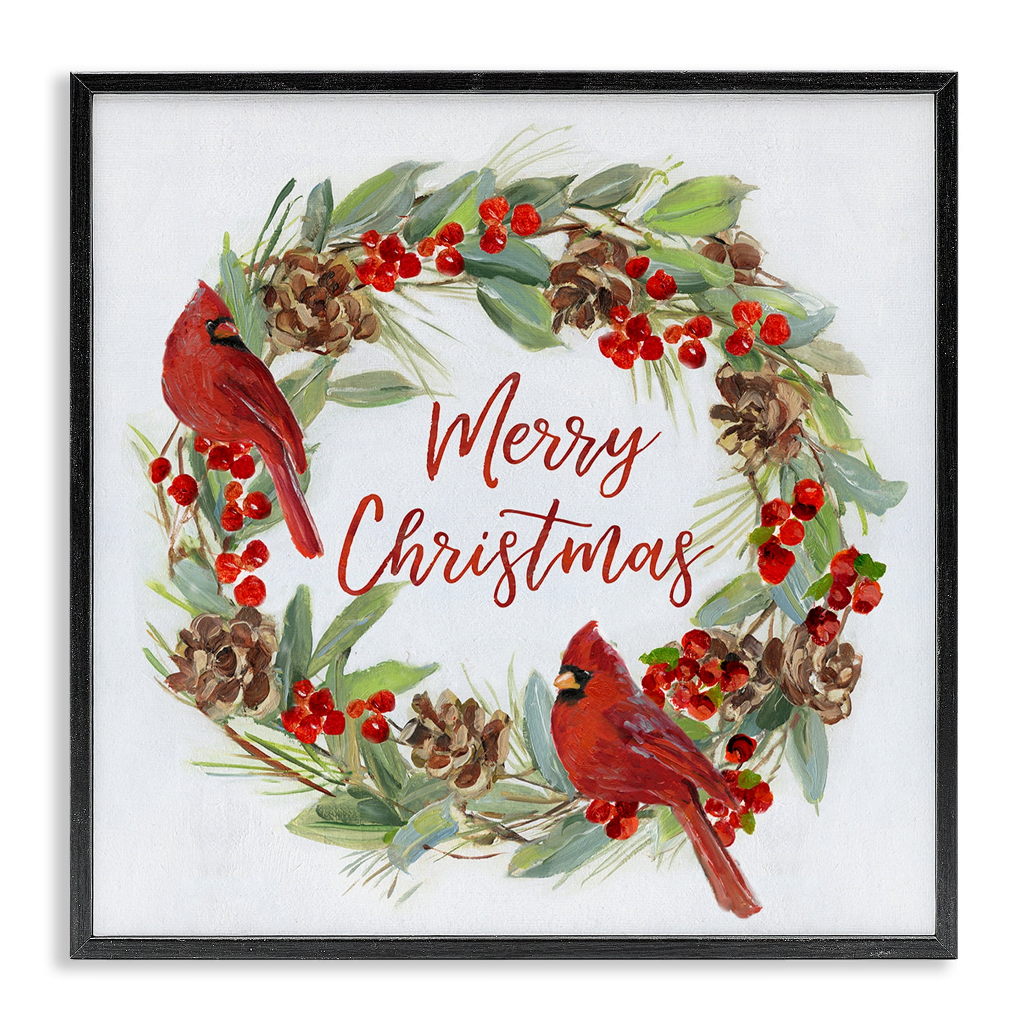 Stupell Industries Cardinals & Merry Christmas Holiday Painting Black Framed Art Prints Wall Art, 24 x 24
