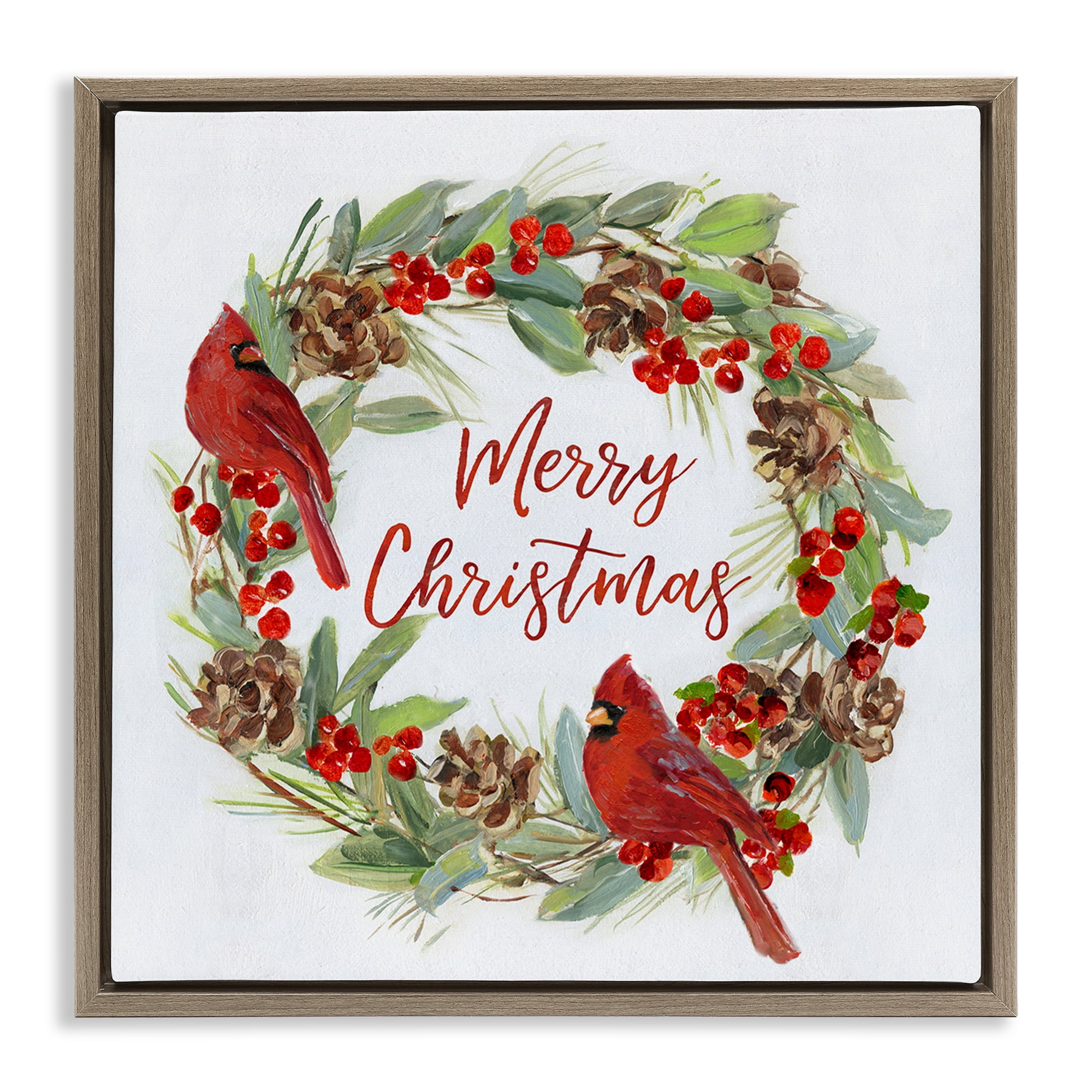 Stupell Industries Cardinals & Merry Christmas Holiday Painting Brown Floater Framed Canvas Art Prints Wall Art, 25 x 25