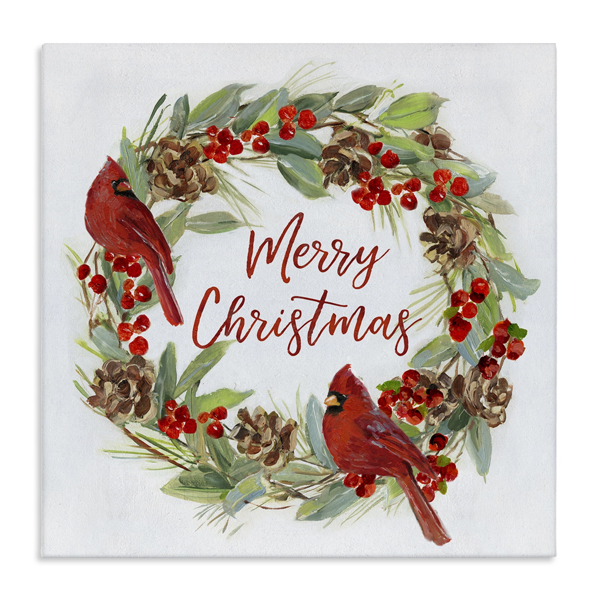 Stupell Industries Cardinals & Merry Christmas Holiday Painting Gallery Wrapped Canvas Art Prints Wall Art, 24 x 24