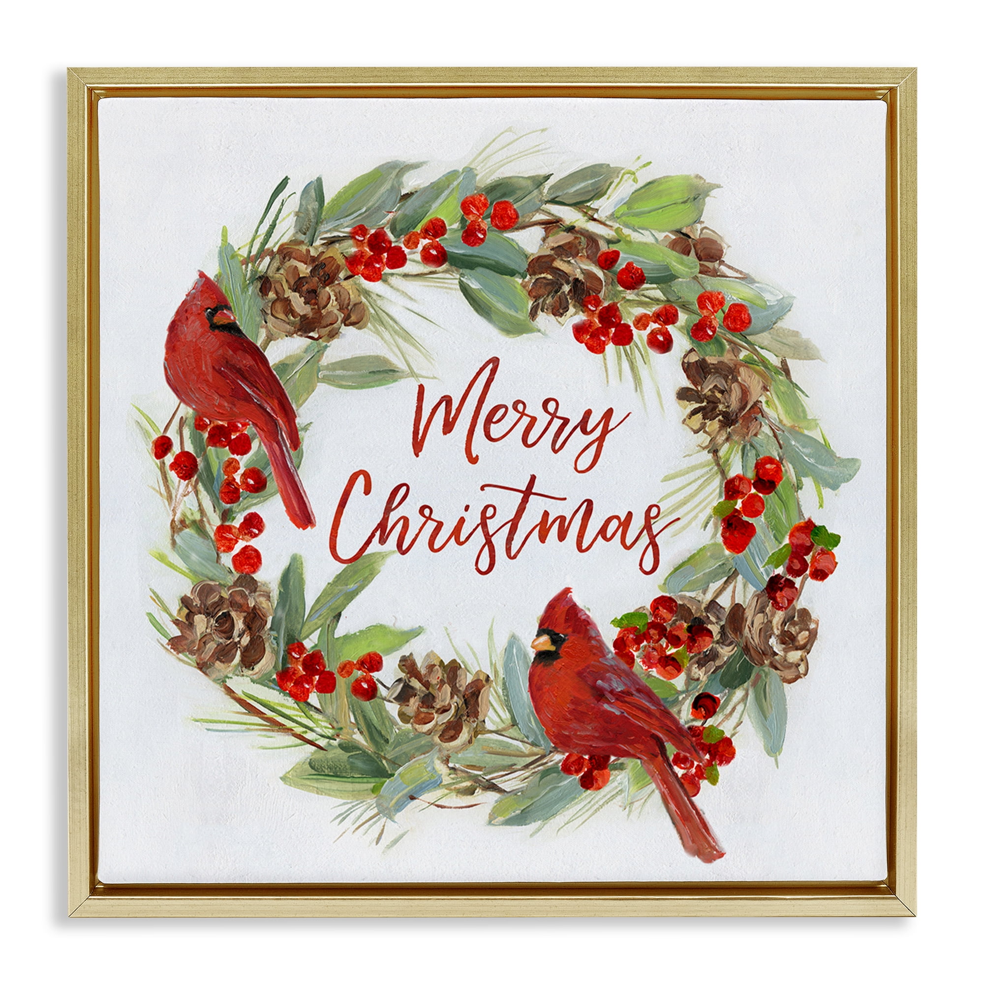 Stupell Industries Cardinals & Merry Christmas Holiday Painting Gold Floater Framed Canvas Art Prints Wall Art, 25 x 25