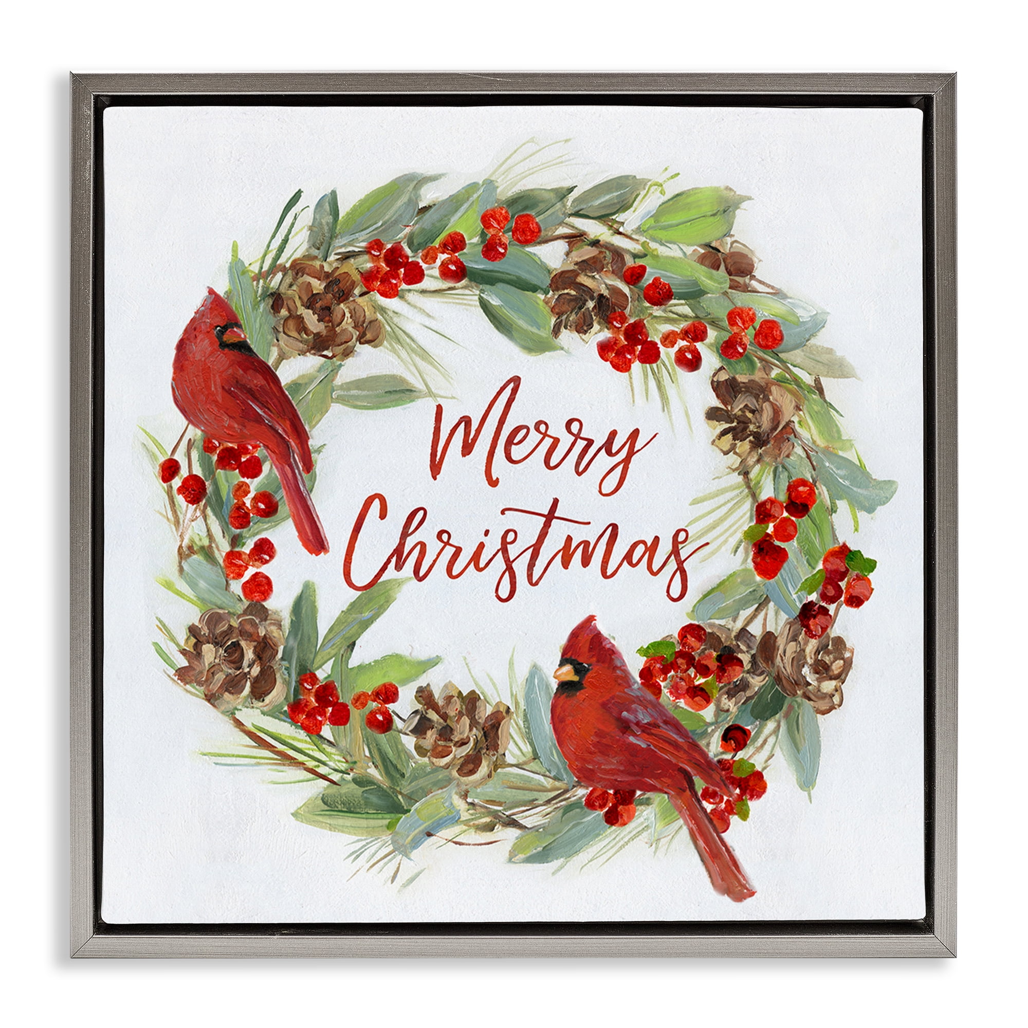 Stupell Industries Cardinals & Merry Christmas Holiday Painting Gray Floater Framed Canvas Art Prints Wall Art, 18 x 18