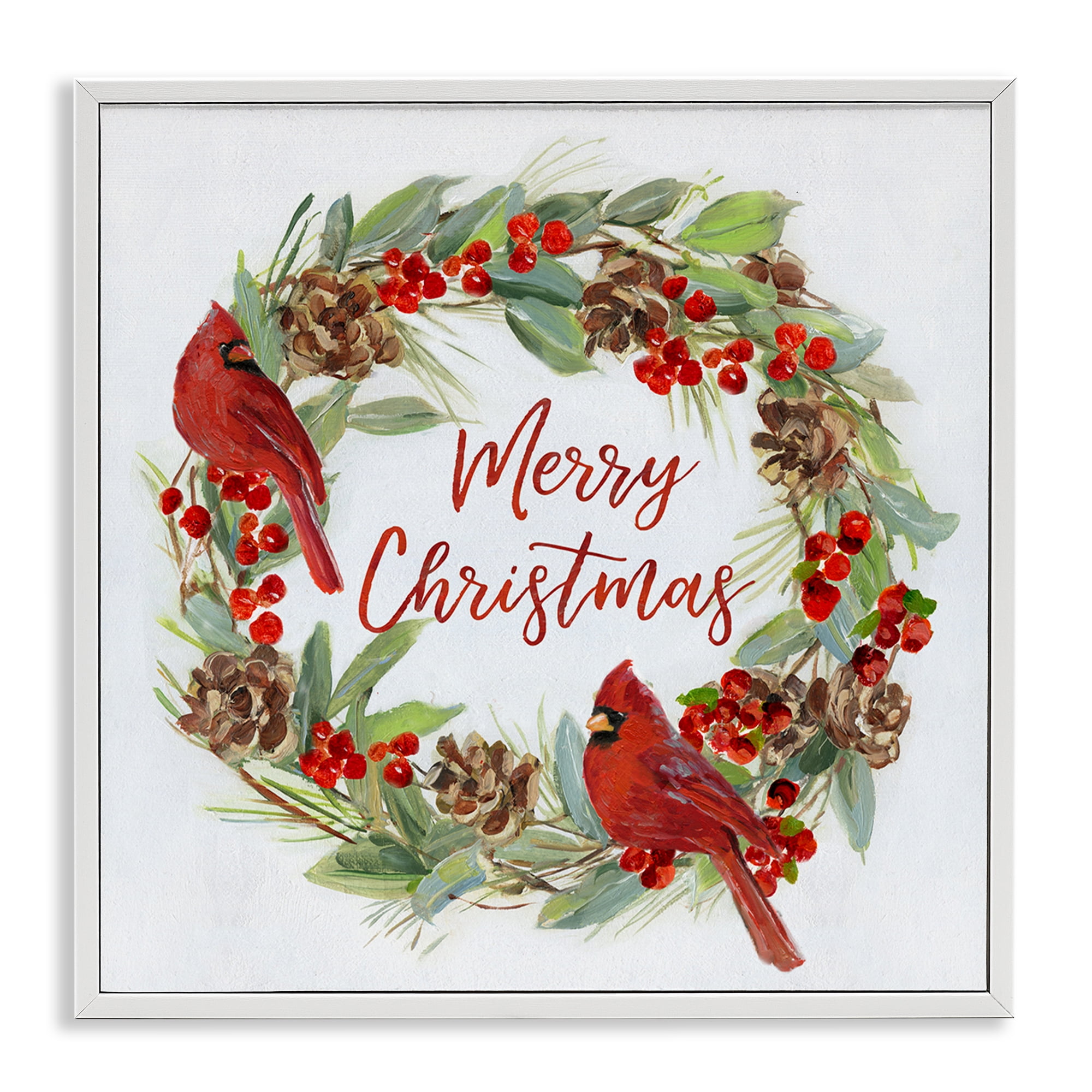 Stupell Industries Cardinals & Merry Christmas Holiday Painting White Framed Art Prints Wall Art, 24 x 24