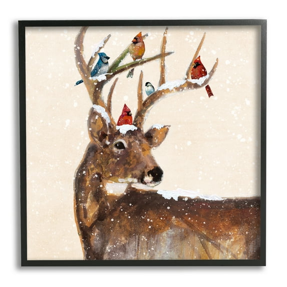 Stupell Industries Cardinals Perched Snowy Antlers Holiday Painting Black Framed Art Print Wall Art