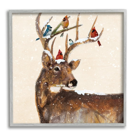 Stupell Industries Cardinals Perched Snowy Antlers Holiday Painting Gray Framed Art Print Wall Art