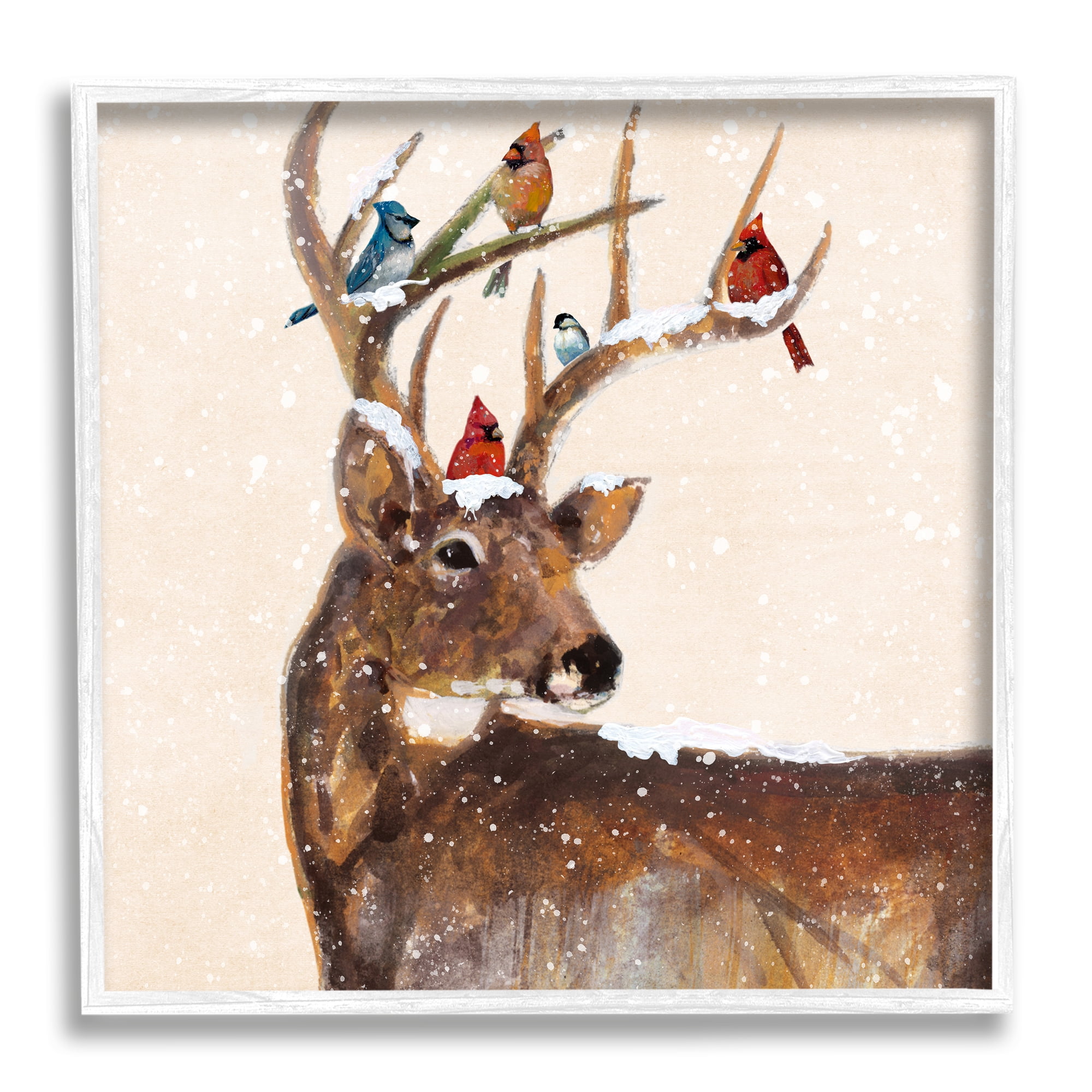 Stupell Industries Cardinals Perched Snowy Antlers Holiday Painting White Framed Art Print Wall Art