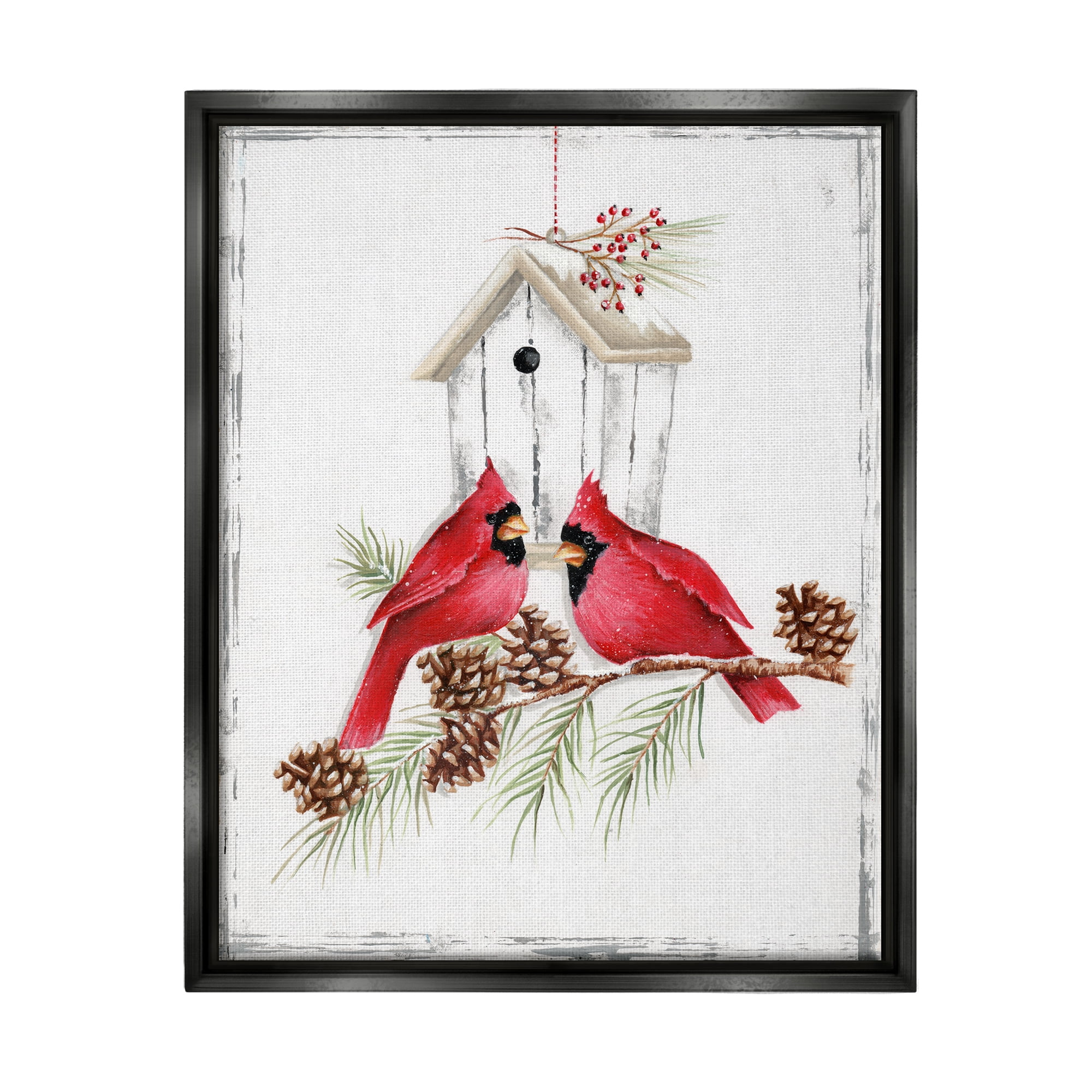Stupell Industries Cardinals & Snowy Birdhouse Animals & Insects Painting Black Floater Framed Canvas Art Print Wall Art, 17 x 21