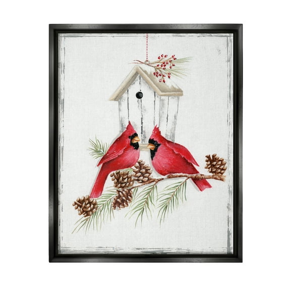 Stupell Industries Cardinals & Snowy Birdhouse Animals & Insects Painting Black Floater Framed Canvas Art Print Wall Art, 25 x 31