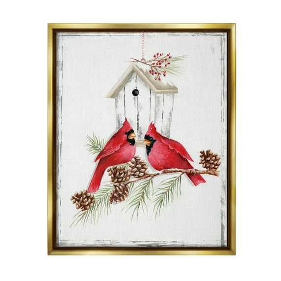 Stupell Industries Cardinals & Snowy Birdhouse Animals & Insects Painting Gold Floater Framed Canvas Art Print Wall Art, 25 x 31