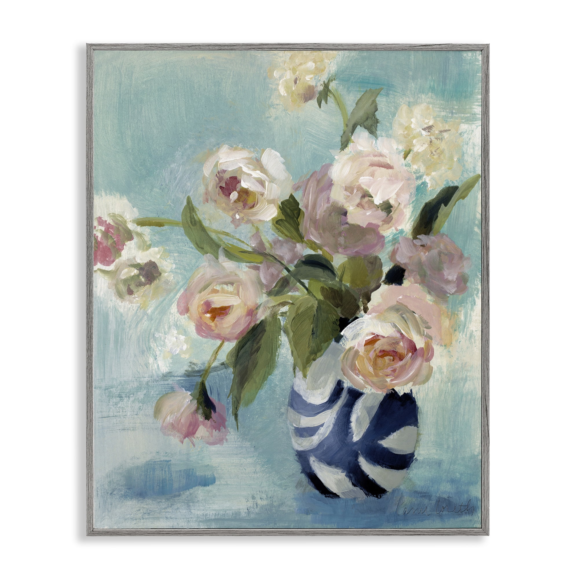 Stupell Industries Carefree Rose Blooms Botanical & Floral Painting Gray Framed Art Print Wall Art, 16 x 20