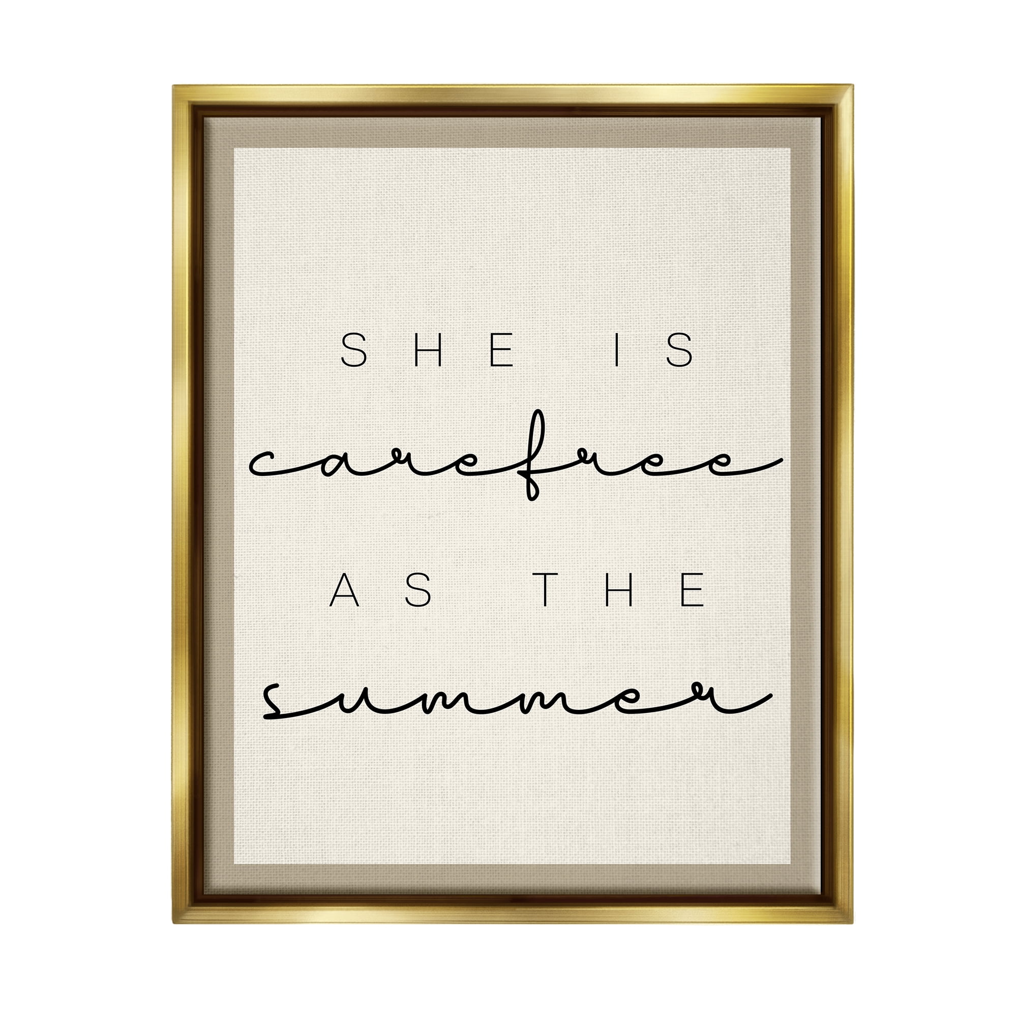 Stupell Industries Carefree Summer Phrase Inspirational Painting Gold Floater Framed Art Print Wall Art, 17 x 21
