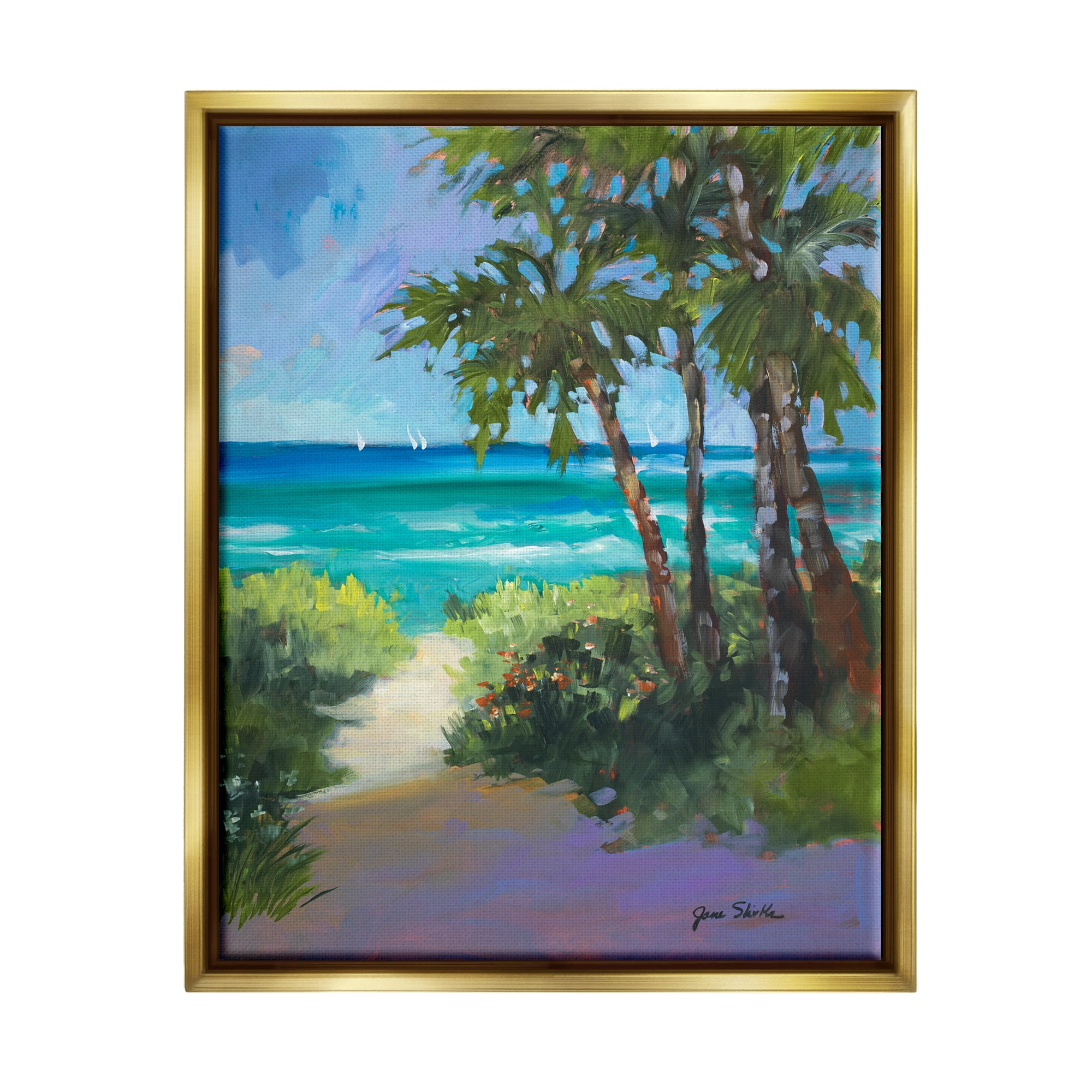 Stupell Industries Caribbean Beach View Nature Painting Gold Floater Framed Art Print Wall Art, 25 x 31