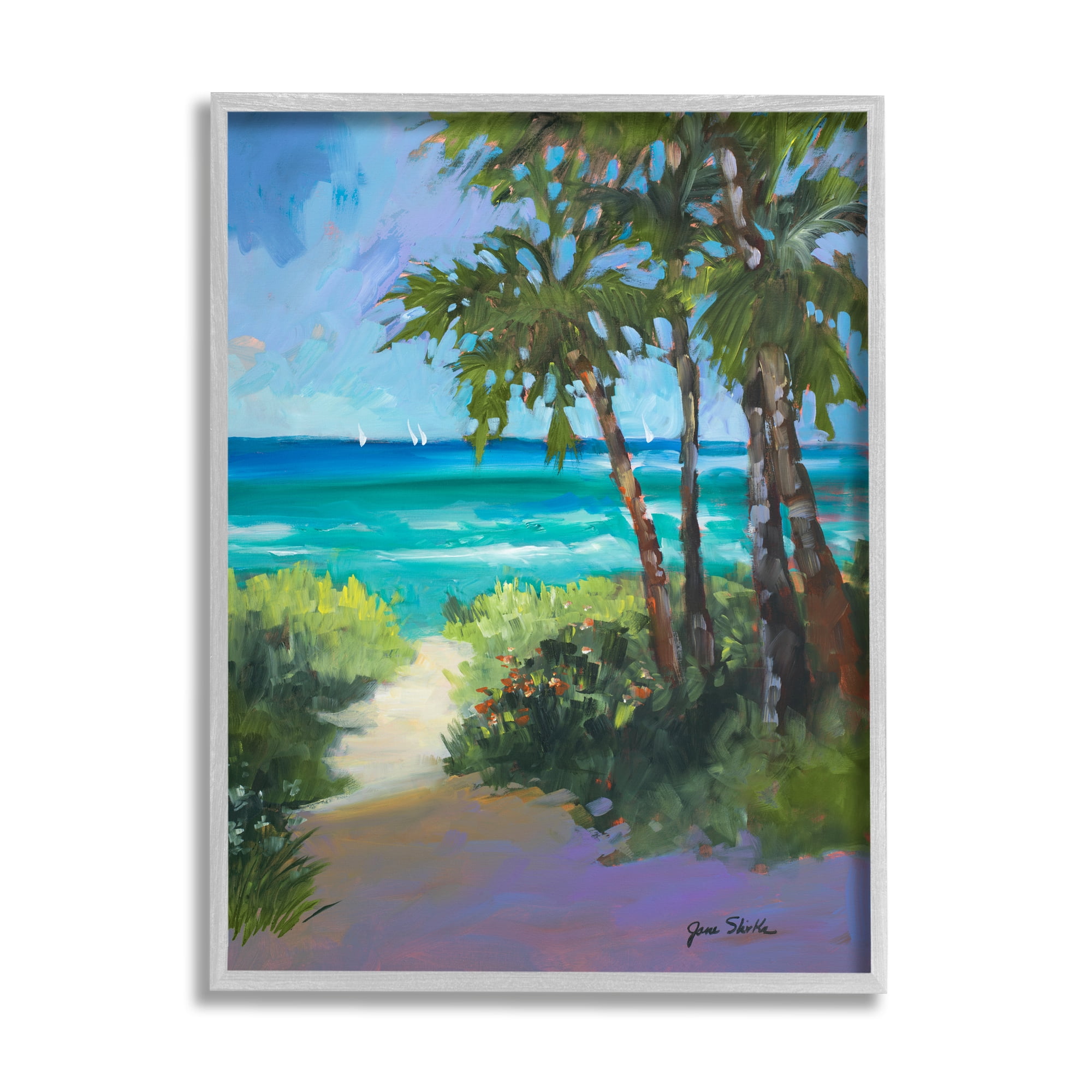 Stupell Industries Caribbean Beach View Nature Painting Gray Framed Art Print Wall Art, 16 x 20
