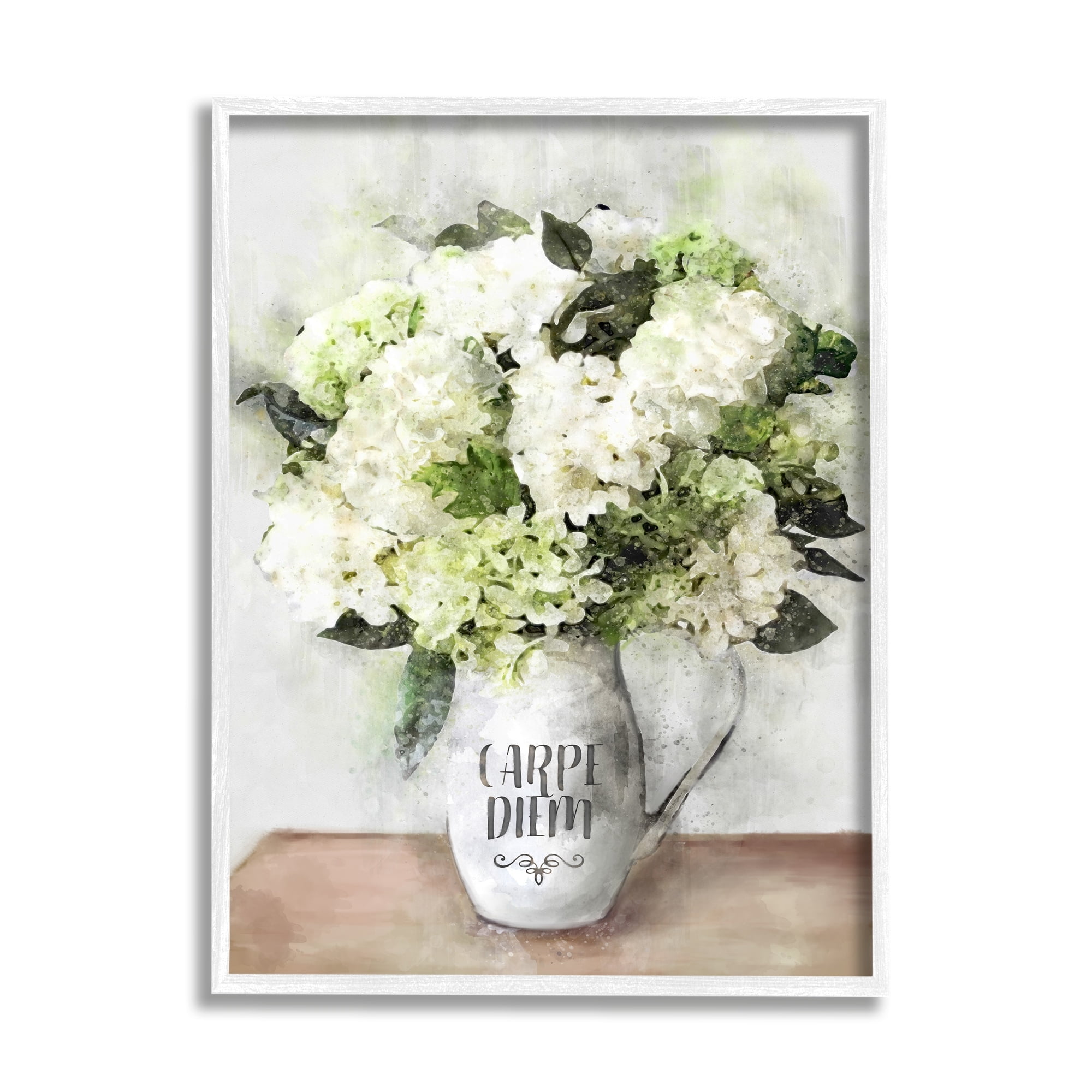 Stupell Industries Carpe Diem Motivation with White Hydrangea Bouquet Graphic Art White Framed Art Print Wall Art, 16x20, by Ziwei Li
